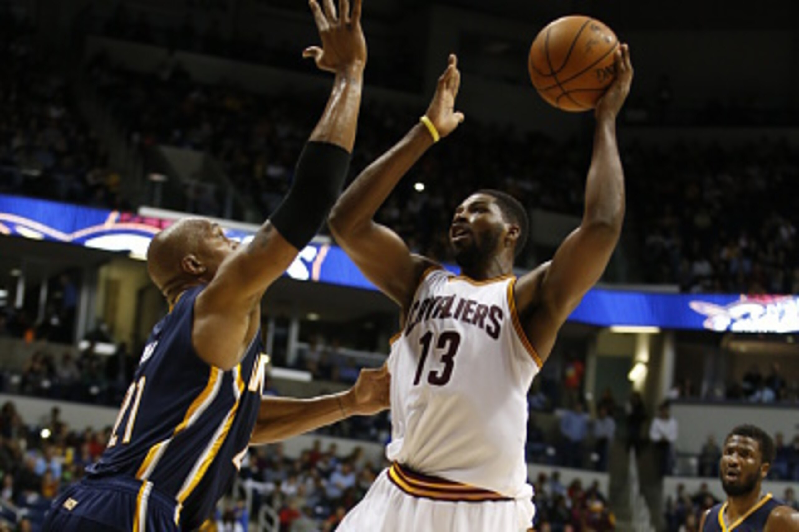 CINNCINNATI, OH - OCTOBER 15:  Tristan Thompson #13 of the Cleveland Cavaliers shoots against the Indiana Pacers at the Cintas Center at Xavier University on October 15, 2014 in Cincinnati, Ohio. NOTE TO USER: User expressly acknowledges and agrees that, 