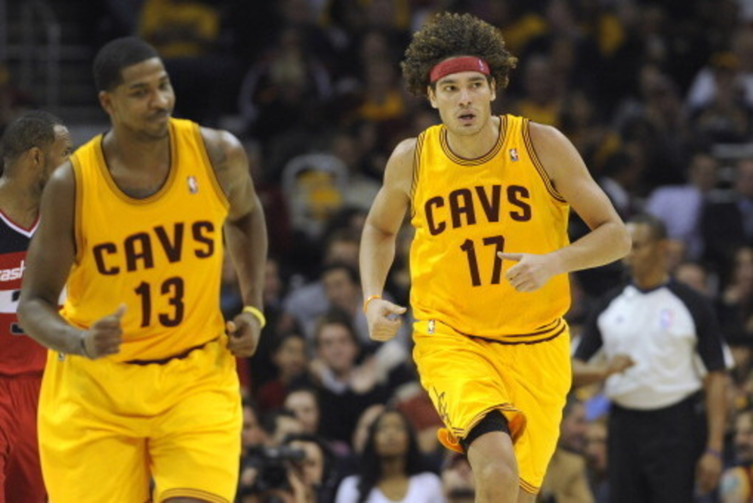 CLEVELAND, OH - OCTOBER 30: Tristan Thompson #13 and Anderson Varejao #17 of the Cleveland Cavaliers run down court during the game against the Washington Wizards at Quicken Loans Arena on October 30, 2012 in Cleveland, Ohio. The Cavaliers defeated the Wi