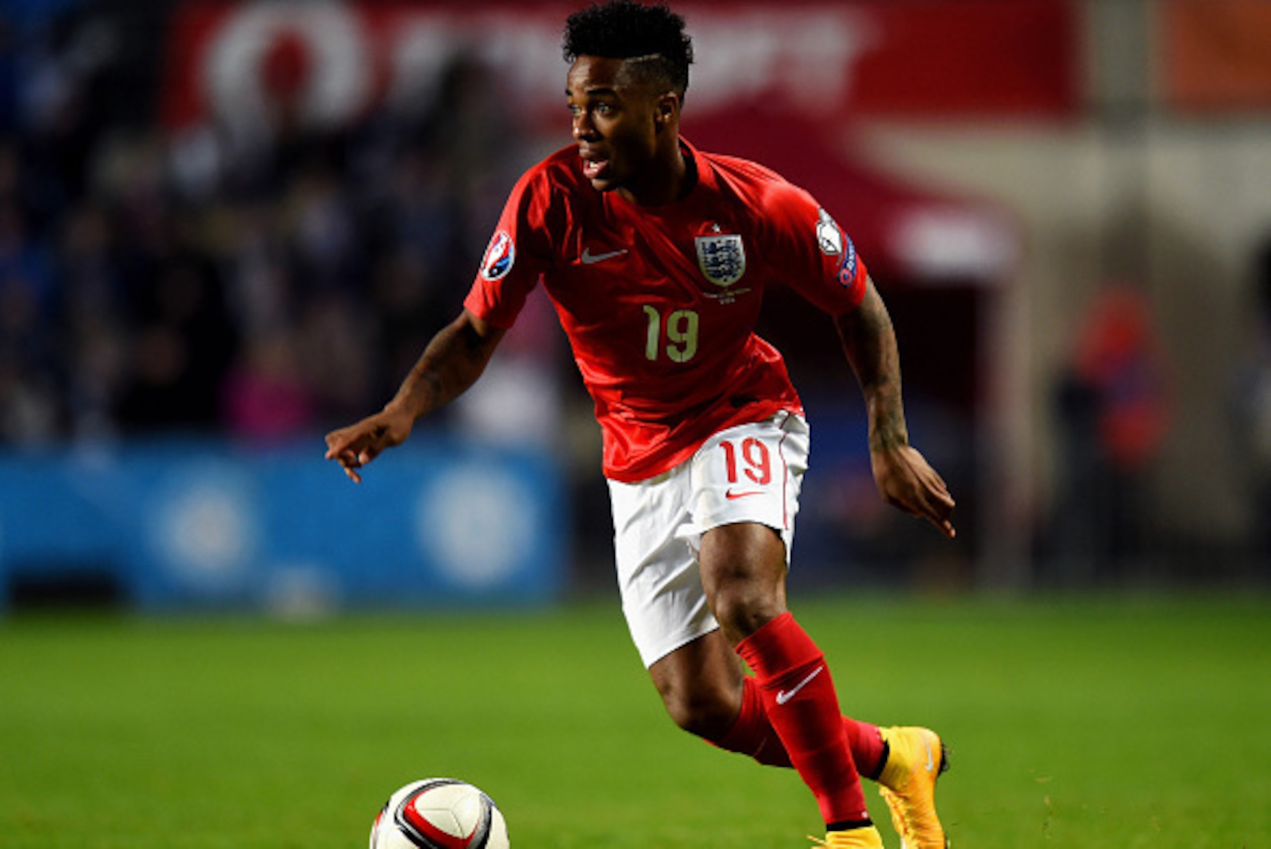 TALLINN, ESTONIA - OCTOBER 12:  Raheem Sterling of England runs with the ball during the EURO 2016 Qualifier match between Estonia and England at A. Le Coq Arena on October 12, 2014 in Tallinn, Estonia.  (Photo by Shaun Botterill/Getty Images)