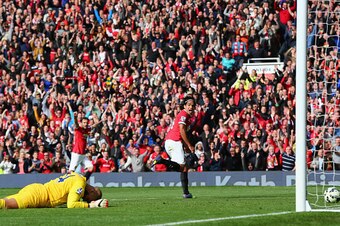 MANCHESTER, ENGLAND - OCTOBER 05:  Radamel Falcao of Manchester United celebrates scoring his team's second goal during the Barclays Premier League match between Manchester United and Everton at Old Trafford on October 5, 2014 in Manchester, England.  (Ph