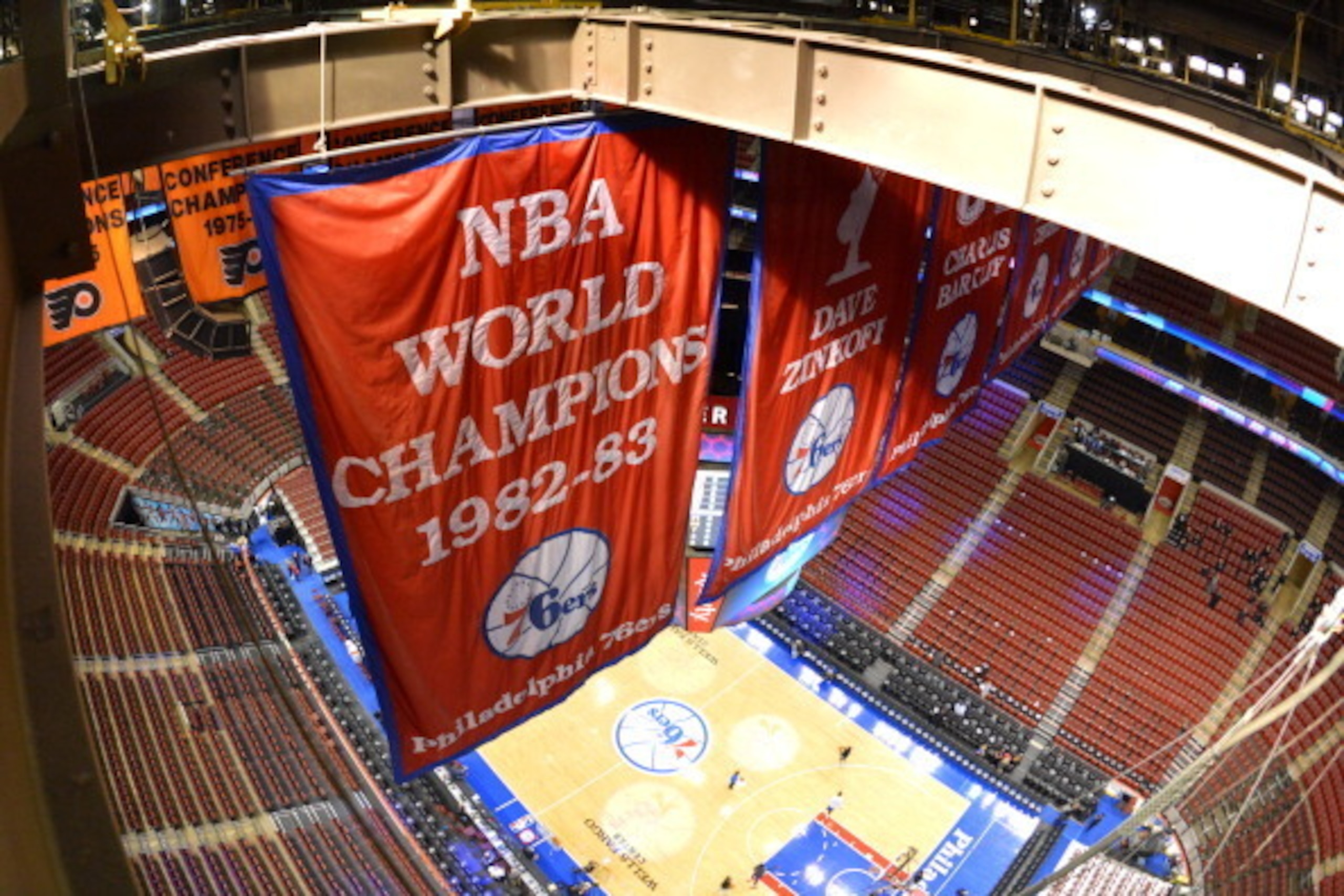 PHILADELPHIA, PA - DECEMBER 7: Banners hang atop of the arena before the game between the Philadelphia 76ers and the Denver Nuggets at the Wells Fargo Center on December 7, 2013 in Philadelphia, Pennsylvania. NOTE TO USER: User expressly acknowledges and 