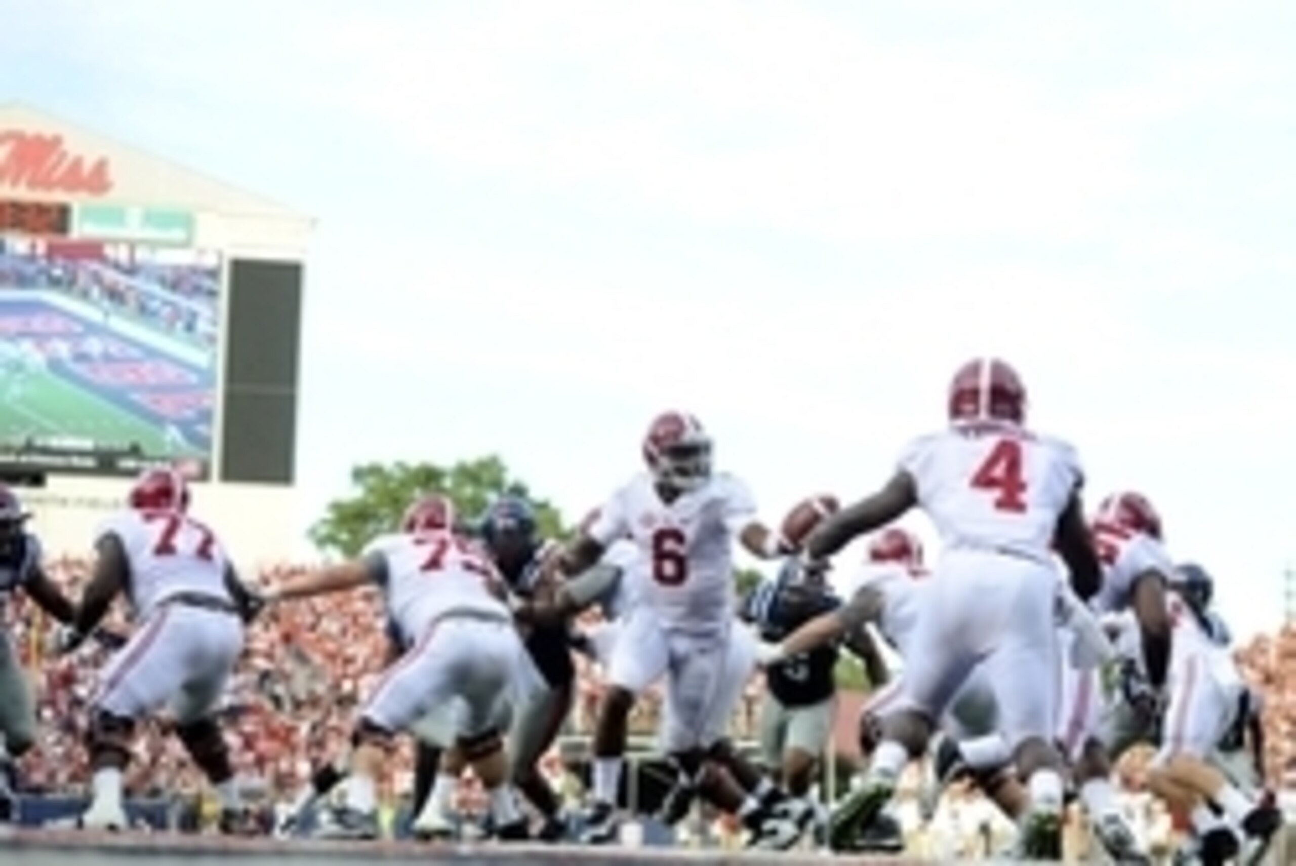 Oct 4, 2014; Oxford, MS, USA; Alabama Crimson Tide quarterback Blake Sims (6) turns to hand the ball off during the second half against Mississippi Rebels at Vaught-Hemingway Stadium. Mandatory Credit: Christopher Hanewinckel-USA TODAY Sports