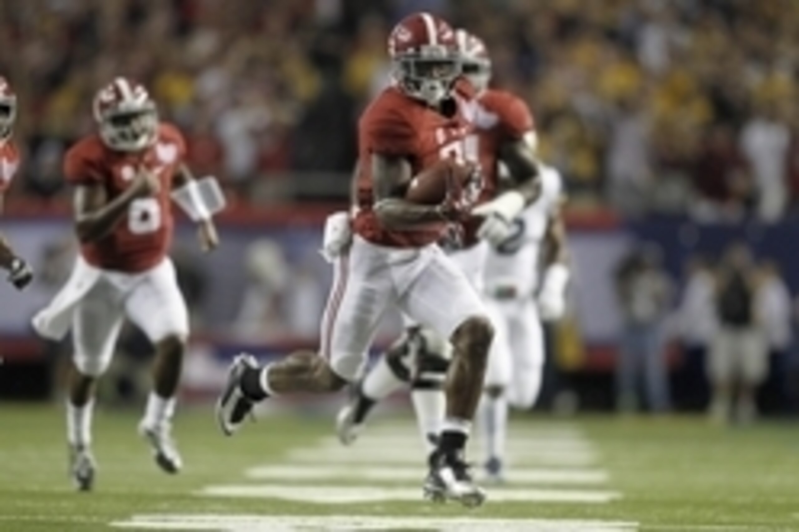 Aug 30, 2014; Atlanta, GA, USA; Alabama Crimson Tide wide receiver DeAndrew White (2) carries the ball against the West Virginia Mountaineers in the second quarter of the 2014 Chick-fil-A Kickoff Game at the Georgia Dome. Mandatory Credit: Brett Davis-USA