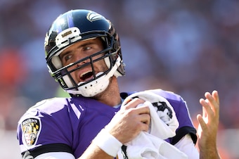 Sep 21, 2014; Cleveland, OH, USA; Baltimore Ravens quarterback Joe Flacco (5) against the Cleveland Browns during the third quarter at FirstEnergy Stadium. The Ravens won 23-21. Mandatory Credit: Ron Schwane-USA TODAY Sports