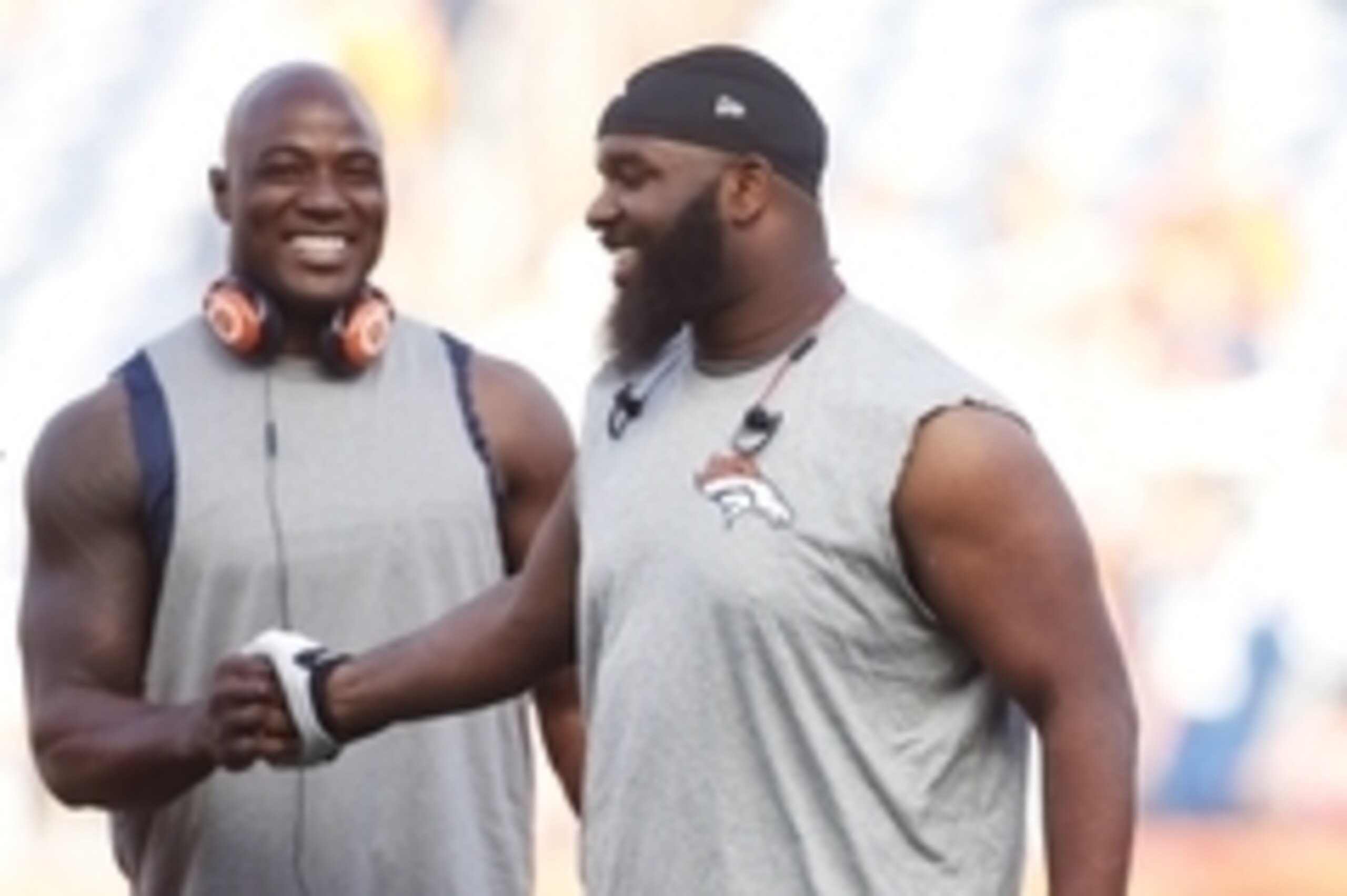 Sep 7, 2014; Denver, CO, USA; Denver Broncos defensive end DeMarcus Ware (left) and defensive tackle Sylvester Williams (right) before the game against the Indianapolis Colts at Sports Authority Field at Mile High. Mandatory Credit: Chris Humphreys-USA TO