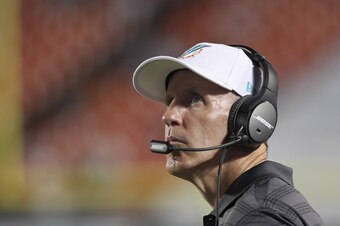 MIAMI GARDENS, FL - AUGUST 28:  Head coach Joe Philbin of the Miami Dolphins looks at the scoreboard in the second half of his team's play against the St. Louis Rams at Sun Life Stadium on August 28, 2014 in Miami Gardens, Florida.  (Photo by Marc Serota/