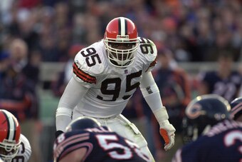 4 Nov 2001:   Jamir Miller #95 linebacker for the Cleveland Browns awaits a Chicago Bears offensive play in their game at Soldier Field in Chicago, Illinois.  The Bears won in overtime 27-21.  DIGITAL IMAGE  Mandatory Credit:   Jonathan Daniel/Allsport