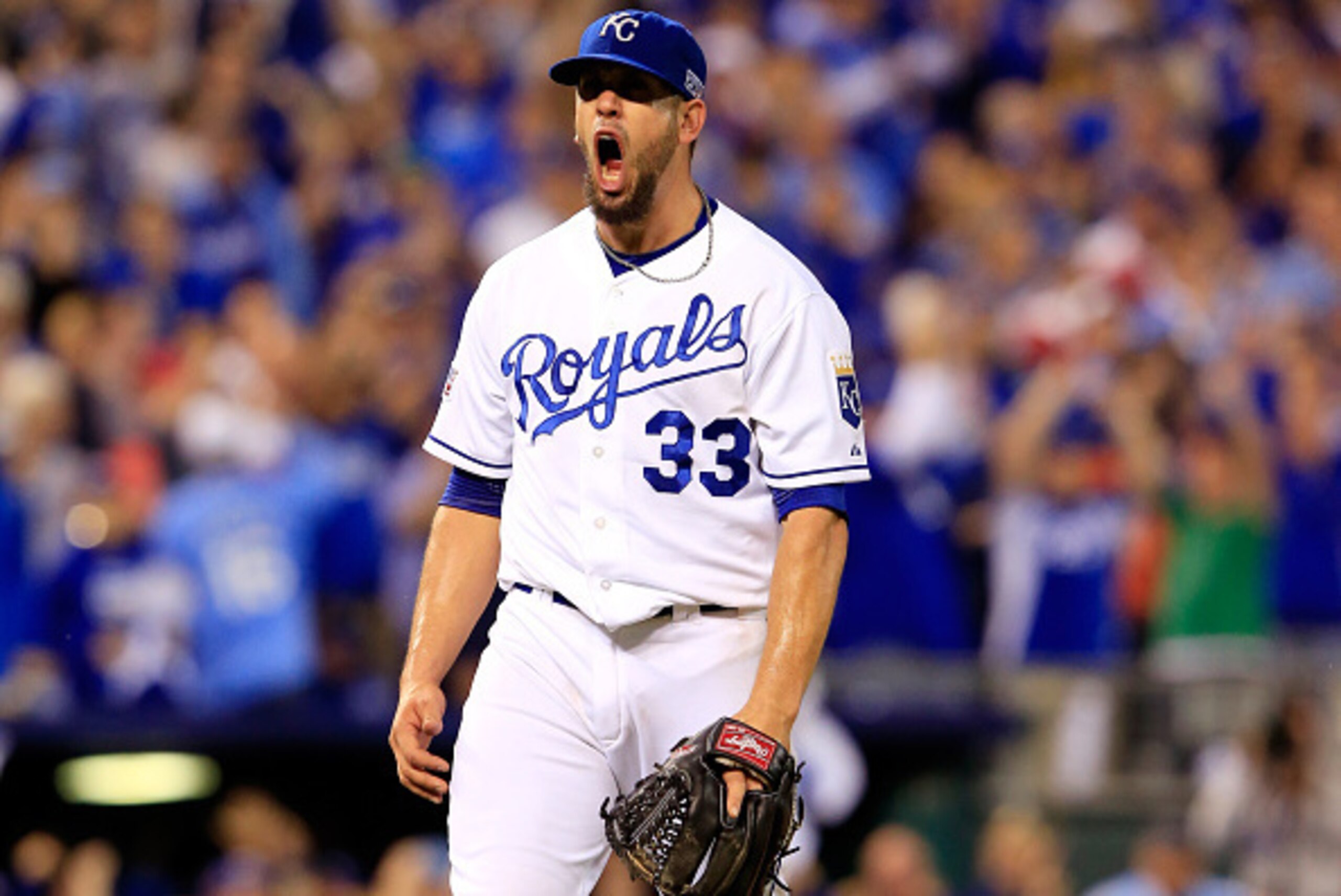 KANSAS CITY, MO - OCTOBER 05:  James Shields #33 of the Kansas City Royals reacts after a strikeout to end the top of the sixth inning against the Los Angeles Angels during Game Three of the American League Division Series at Kauffman Stadium on October 5