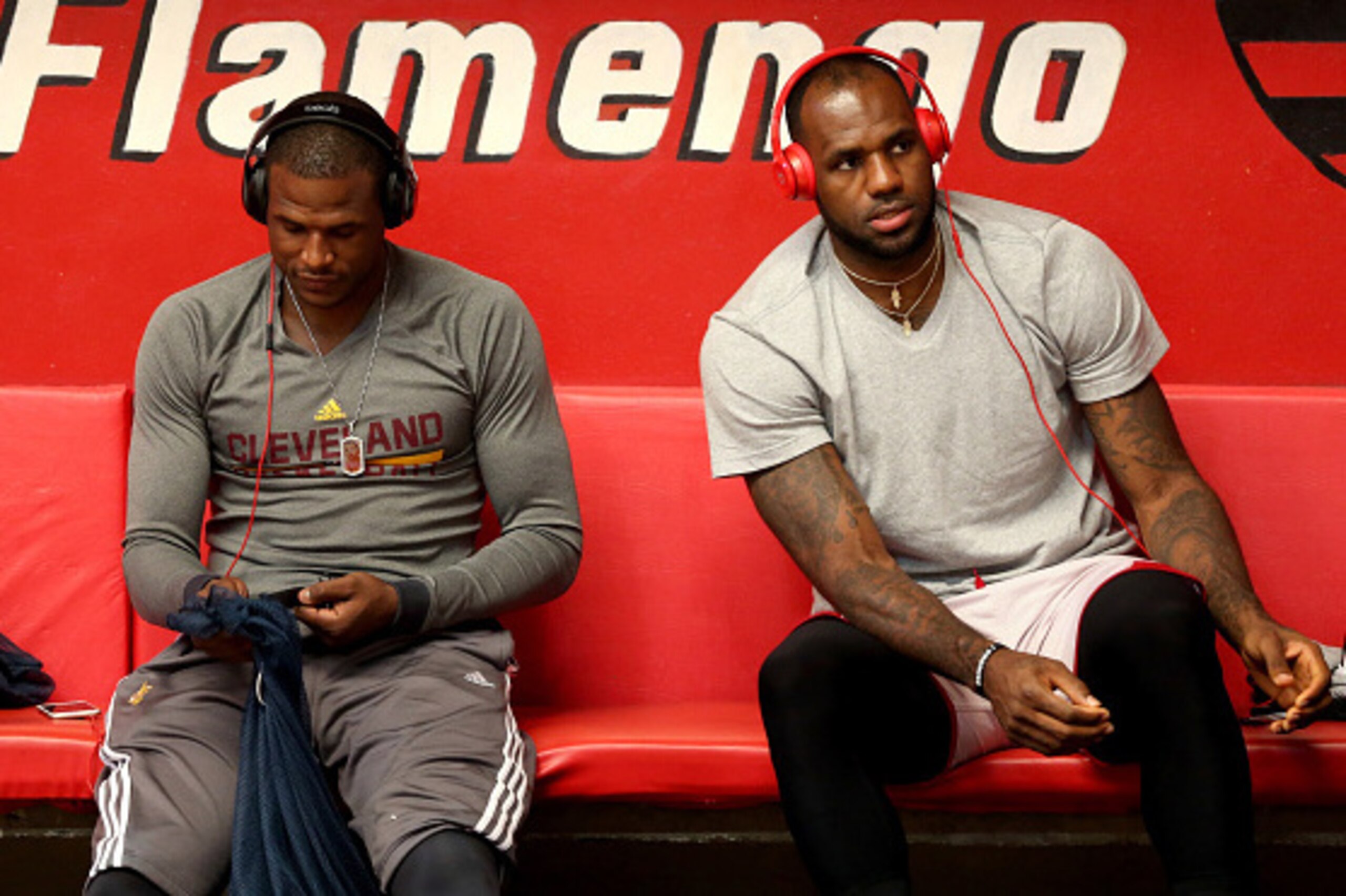 RIO DE JANEIRO, BRAZIL - OCTOBER 10: Dion Waiters #3 and LeBron James #23 of the Cleveland Cavaliers dress for practice at Clube de Regatas do Flamengo in preparation for their game against the Miami Heat on October 10, 2014 in Rio de Janeiro, Brazil. NOT