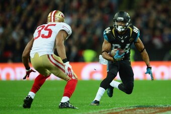 LONDON, ENGLAND - OCTOBER 27:  #84 Cecil Shorts III of the Jacksonville Jaguars makes a break during the NFL International Series game between San Francisco 49ers and Jacksonville Jaguars at Wembley Stadium on October 27, 2013 in London, England.  (Photo 