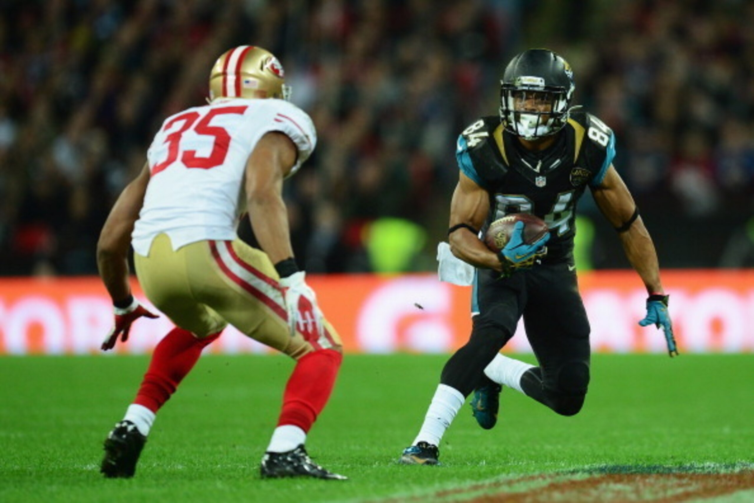 LONDON, ENGLAND - OCTOBER 27: #84 Cecil Shorts III of the Jacksonville Jaguars makes a break during the NFL International Series game between San Francisco 49ers and Jacksonville Jaguars at Wembley Stadium on October 27, 2013 in London, England. (Photo LONDON, ENGLAND - OCTOBER 27: #84 Cecil Shorts III of the Jacksonville Jaguars makes a break during the NFL International Series game between San Francisco 49ers and Jacksonville Jaguars at Wembley Stadium on October 27, 2013 in London, England. (Photo