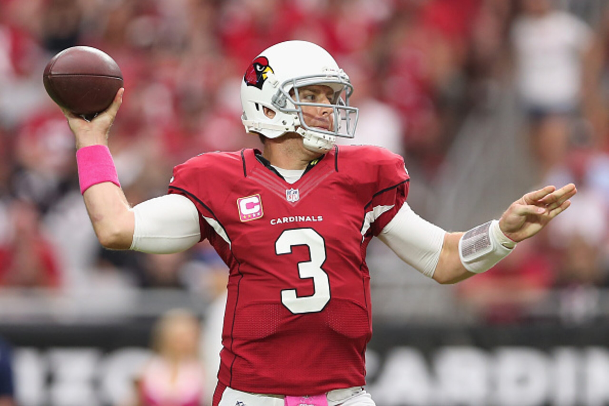 GLENDALE, AZ - OCTOBER 12: Quarterback Carson Palmer #3 of the Arizona Cardinals throws a pass during the first half of the NFL game against the Washington Redskins at the University of Phoenix Stadium on October 12, 2014 in Glendale, Arizona. (Photo by GLENDALE, AZ - OCTOBER 12: Quarterback Carson Palmer #3 of the Arizona Cardinals throws a pass during the first half of the NFL game against the Washington Redskins at the University of Phoenix Stadium on October 12, 2014 in Glendale, Arizona. (Photo by