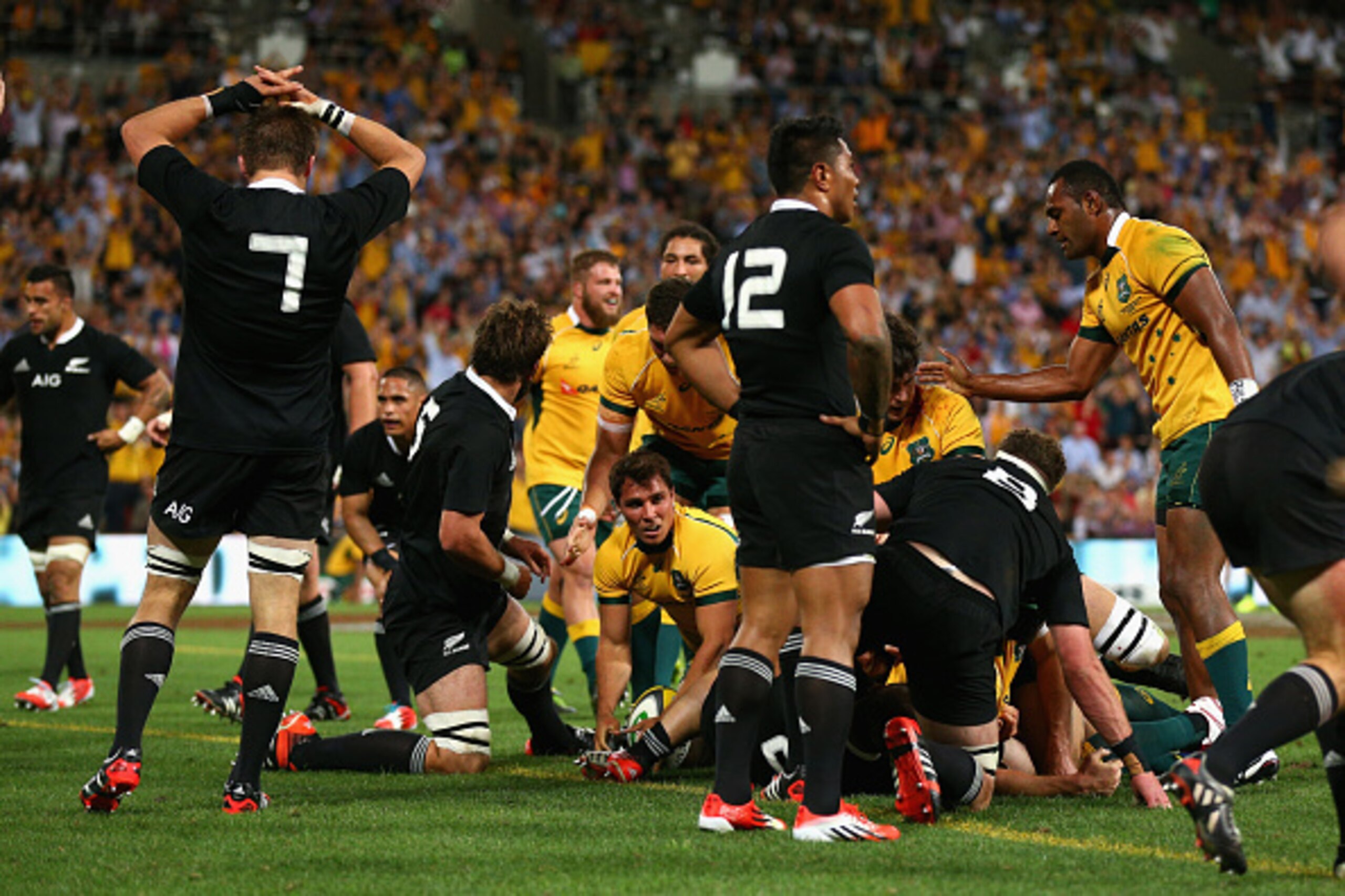 BRISBANE, AUSTRALIA - OCTOBER 18:  Nick Phipps of the Wallabies scores a try during The Rugby Championship match between the Australian Wallabies and the New Zealand All Blacks at Suncorp Stadium on October 18, 2014 in Brisbane, Australia.  (Photo by Came