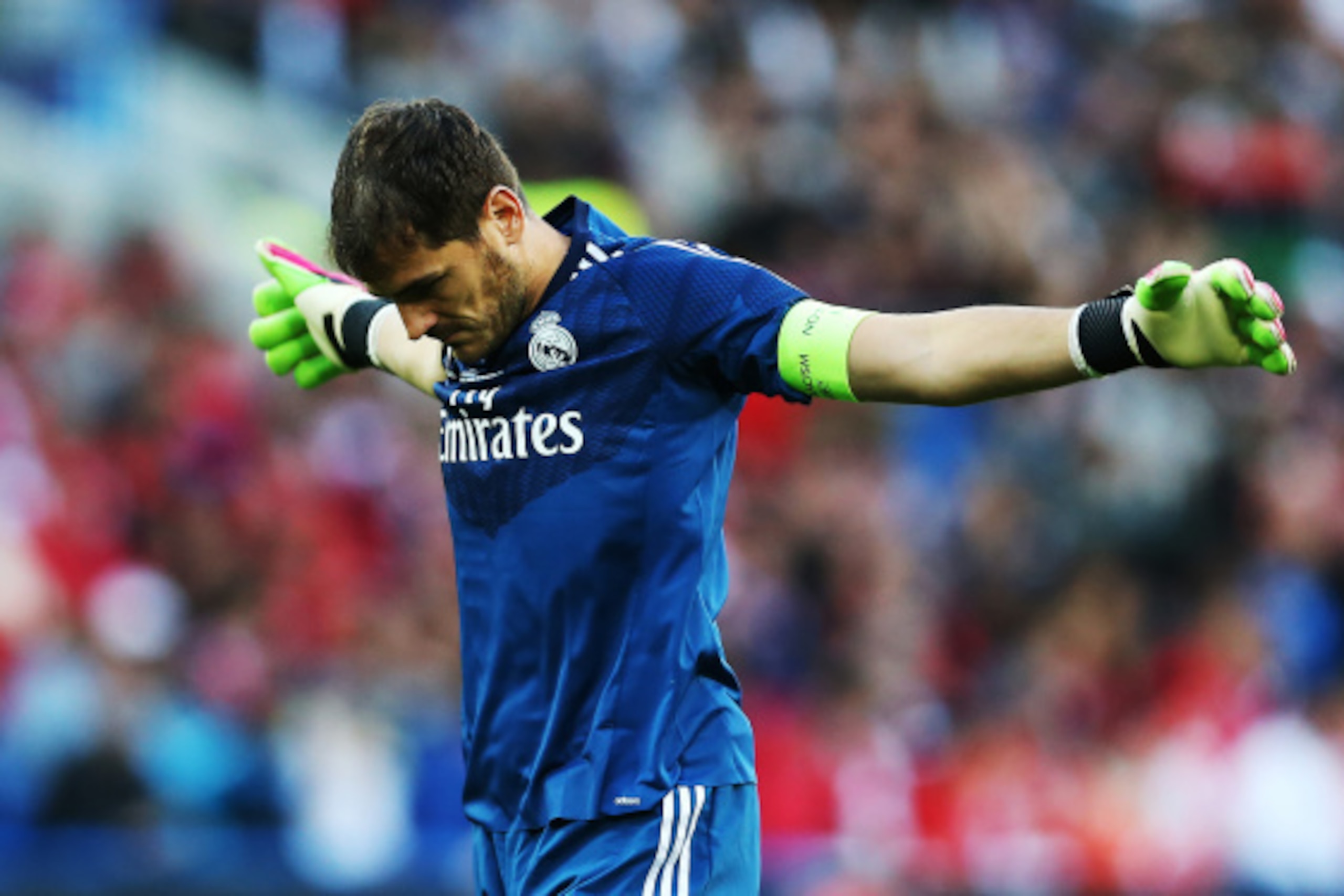 CARDIFF, WALES - AUGUST 12:  Iker Casillas of Real Madrid stretches during the UEFA Super Cup match between  Real Madrid and Sevilla at Cardiff City Stadium on August 12, 2014 Cardiff, Wales. (Photo by Ian MacNicol/Getty Images)
