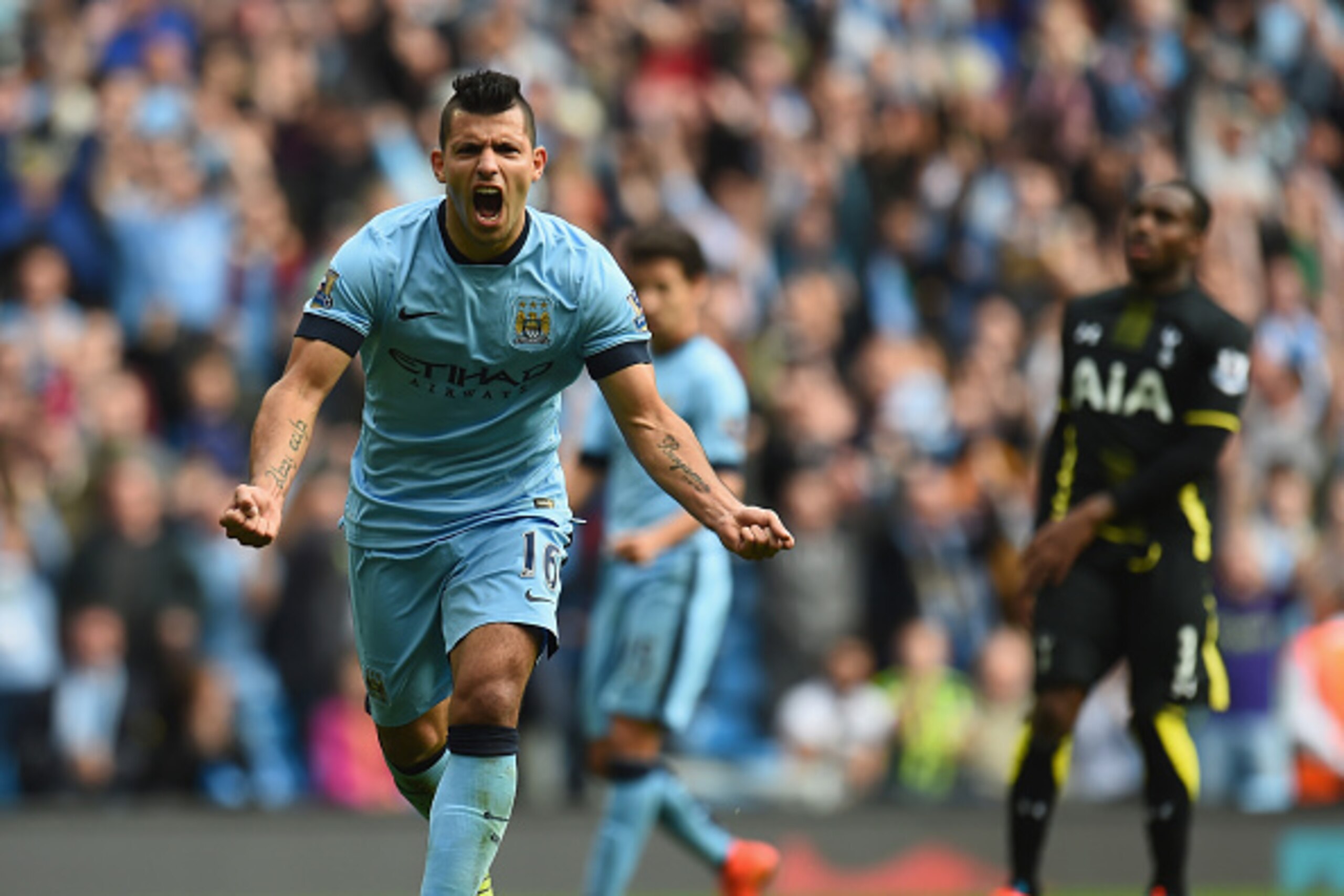 MANCHESTER, ENGLAND - OCTOBER 18:  Sergio Aguero of Manchester City celebrates his hatrick after scoring from the penalty spot during the Barclays Premier League match between Manchester City and Tottenham Hotspur at Etihad Stadium on October 18, 2014 in 