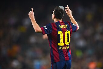 BARCELONA, SPAIN - OCTOBER 18:  Lionel Messi of FC Barcelona celebrates after scoring his team's third goal during the La Liga match between FC Barcelona and SD Eibar at Camp Nou on October 18, 2014 in Barcelona, Spain.  (Photo by David Ramos/Getty Images