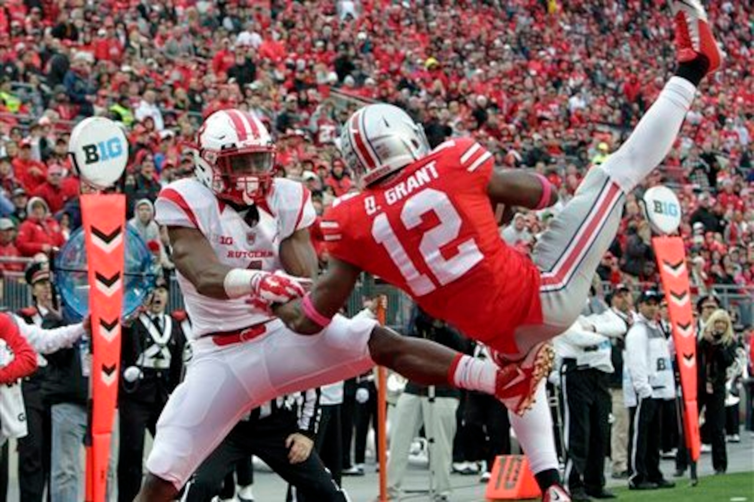Dorant Grant came away with an acrobatic interception to halt a Rutgers scoring drive. Dorant Grant came away with an acrobatic interception to halt a Rutgers scoring drive.