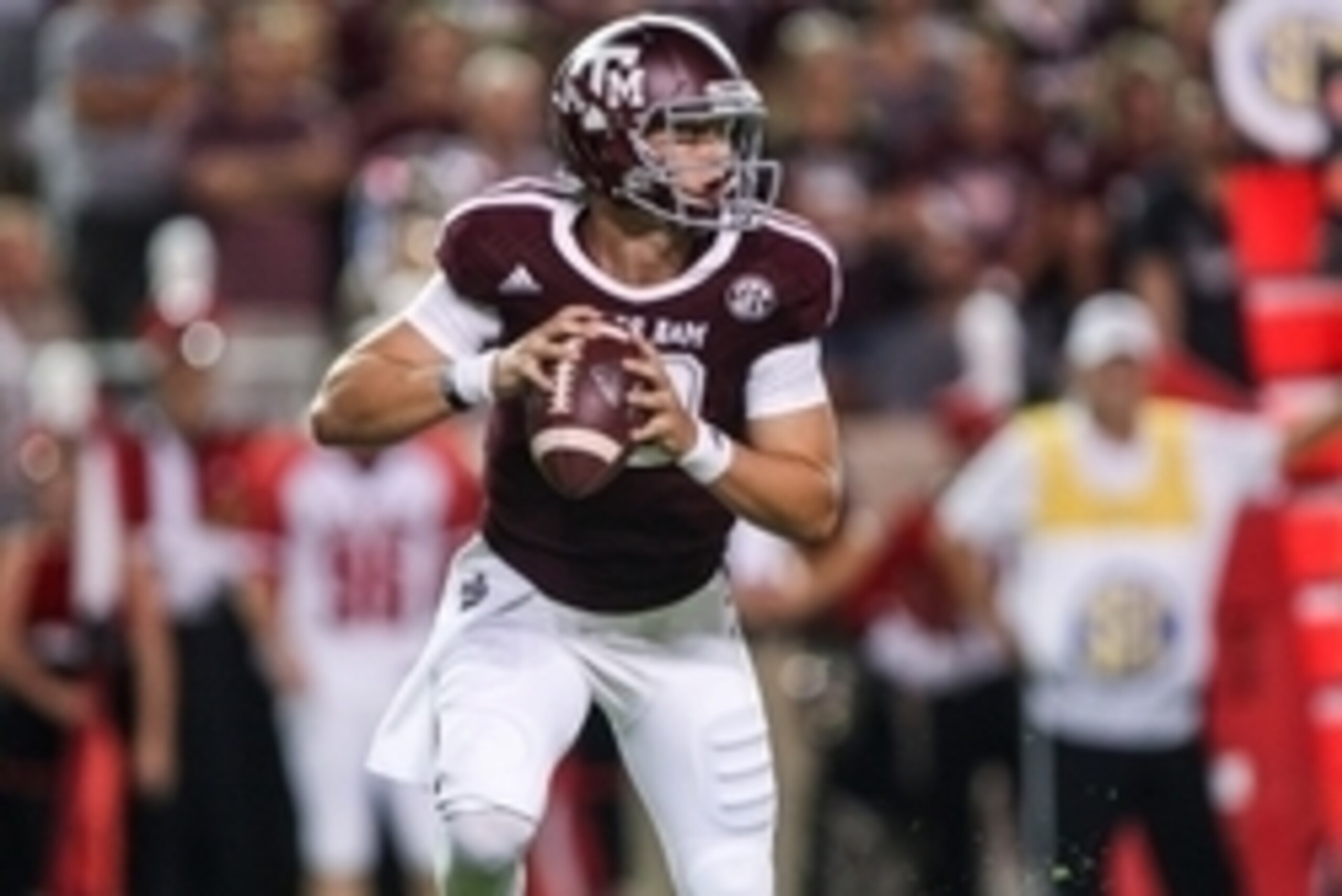 Sep 6, 2014; College Station, TX, USA; Texas A&M Aggies quarterback Kyle Allen (10) looks for an open receiver during the second quarter against the Lamar Cardinals at Kyle Field. Mandatory Credit: Troy Taormina-USA TODAY Sports