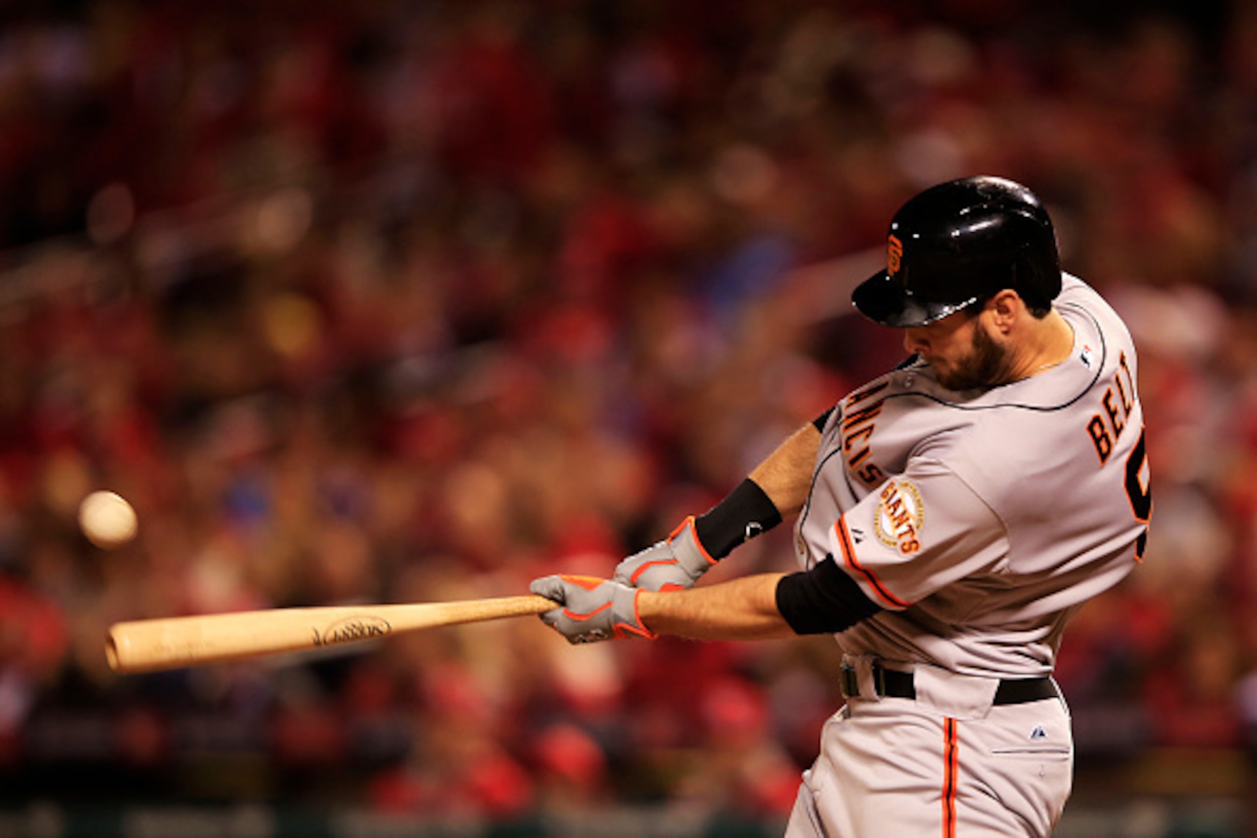 ST LOUIS, MO - OCTOBER 11: Brandon Belt #9 of the San Francisco Giants bats against the St. Louis Cardinals in the third inning during Game One of the National League Championship Series at Busch Stadium on October 11, 2014 in St Louis, Missouri. (Photo ST LOUIS, MO - OCTOBER 11: Brandon Belt #9 of the San Francisco Giants bats against the St. Louis Cardinals in the third inning during Game One of the National League Championship Series at Busch Stadium on October 11, 2014 in St Louis, Missouri. (Photo