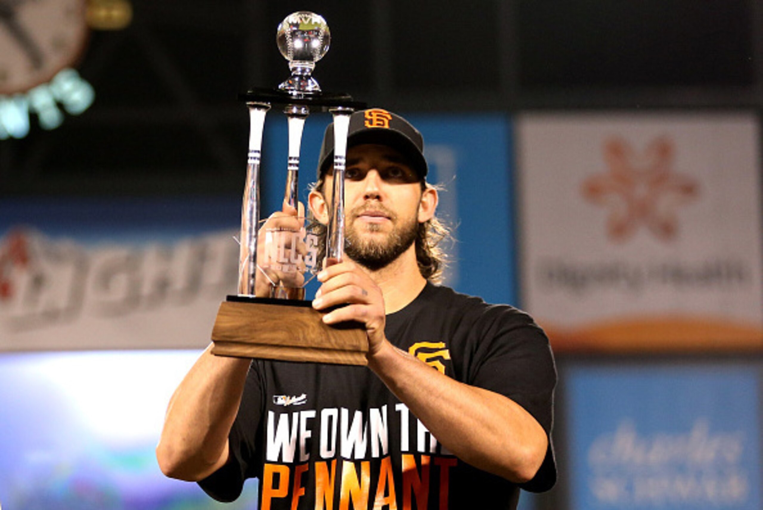 SAN FRANCISCO, CA - OCTOBER 16: Madison Bumgarner #40 of the San Francisco Giants holds up the NLCS MVP award after the Giants defeat the St. Louis Cardinals 6-3 during Game Five of the National League Championship Series at AT&T Park on October 16, 2014 SAN FRANCISCO, CA - OCTOBER 16: Madison Bumgarner #40 of the San Francisco Giants holds up the NLCS MVP award after the Giants defeat the St. Louis Cardinals 6-3 during Game Five of the National League Championship Series at AT&T Park on October 16, 2014