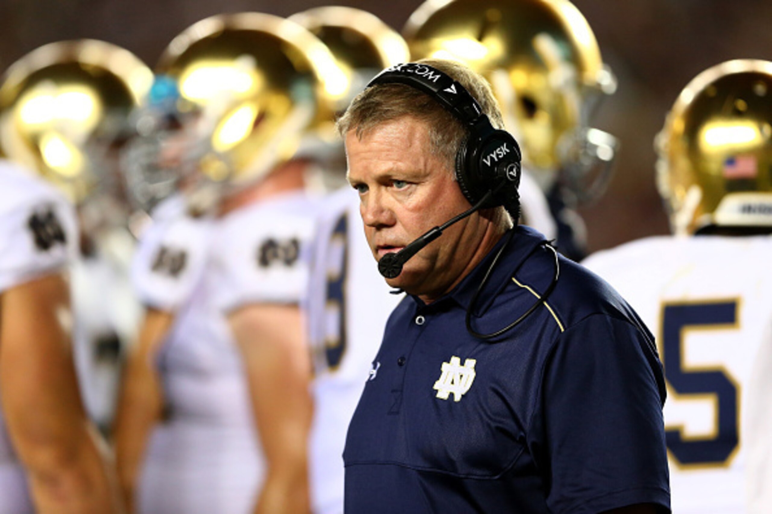 TALLAHASSEE, FL - OCTOBER 18:  Head coach Brian Kelly of the Notre Dame Fighting Irish walks the sidelines against the Florida State Seminoles at Doak Campbell Stadium on October 18, 2014 in Tallahassee, Florida.  (Photo by Streeter Lecka/Getty Images)