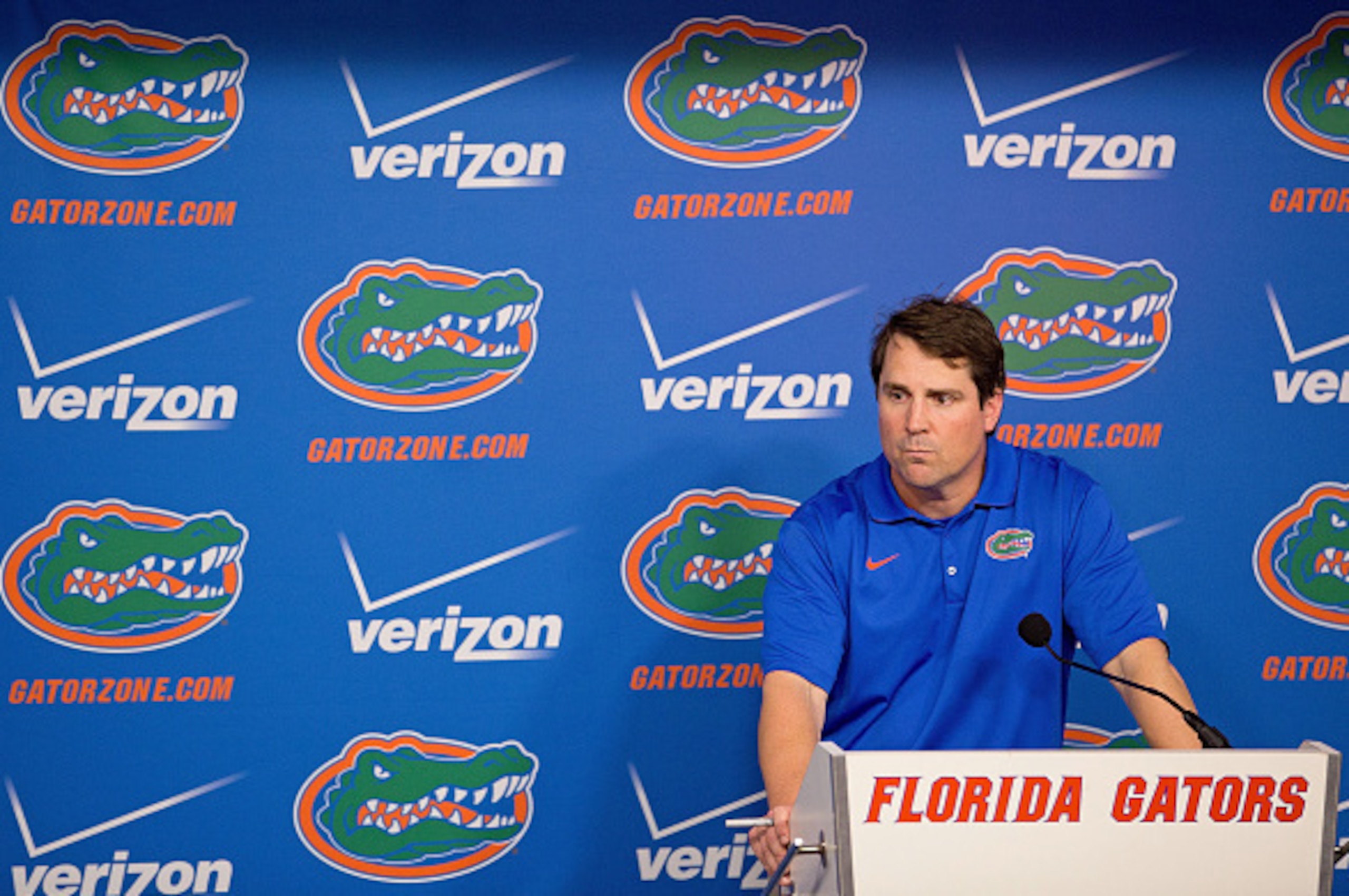 GAINESVILLE, FL - OCTOBER 18: Head coach Will Muschamp of the Florida Gators talks to the media after the Gators' 43-13 loss to the Missouri Tigers at Ben Hill Griffin Stadium on October 18, 2014 in Gainesville, Florida.  (Photo by Rob Foldy/Getty Images)