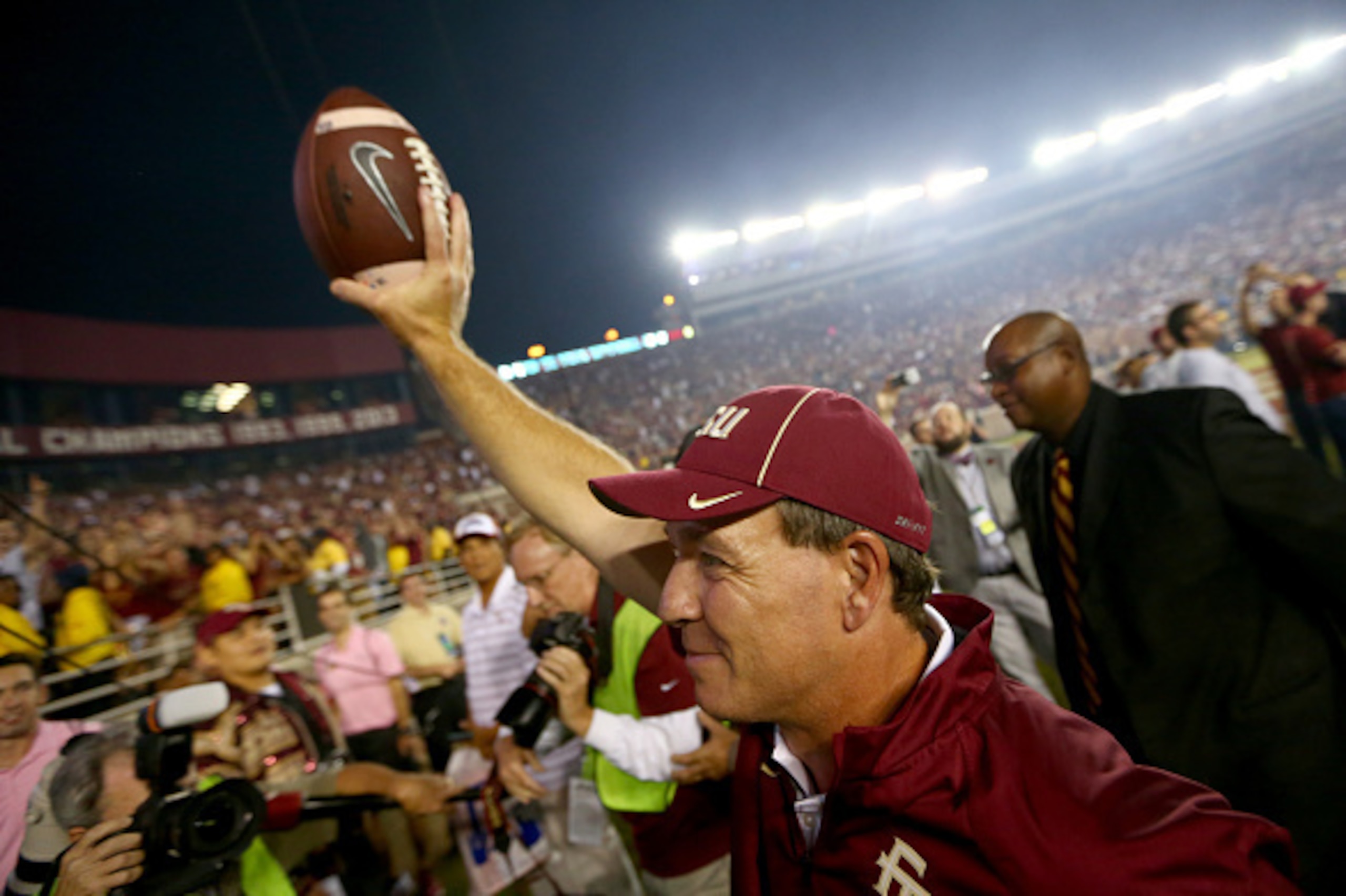 TALLAHASSEE, FL - OCTOBER 18:  Head coach Jimbo Fisher of the Florida State Seminoles celebrates after defeating the Notre Dame Fighting Irish 31-27 at Doak Campbell Stadium on October 18, 2014 in Tallahassee, Florida.  (Photo by Streeter Lecka/Getty Imag