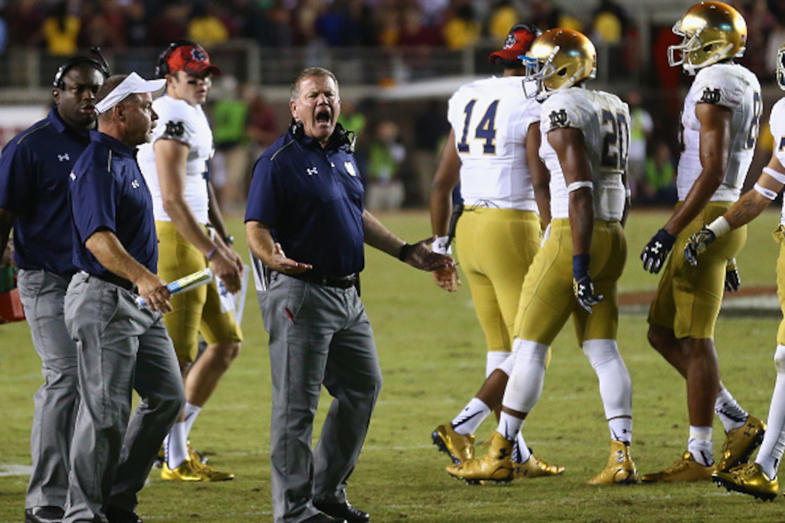 TALLAHASSEE, FL - OCTOBER 18: Head coach Brian Kelly of the Notre Dame Fighting Irish reacts to a penalty late in the fourth quarter in their game against the Florida State Seminoles at Doak Campbell Stadium on October 18, 2014 in Tallahassee, Florida. TALLAHASSEE, FL - OCTOBER 18: Head coach Brian Kelly of the Notre Dame Fighting Irish reacts to a penalty late in the fourth quarter in their game against the Florida State Seminoles at Doak Campbell Stadium on October 18, 2014 in Tallahassee, Florida.