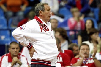 MOSCOW, RUSSIA - SEPTEMBER 23: Russian Team Captain Shamil Tarpischev looks on during the Tennis Davis Cup Semi Finals between Russia and Germany at the Olympic Stadium on September 23, 2007 in Moscow , Russia. (Photo by Dima Korotayev/Bongarts/Getty Imag