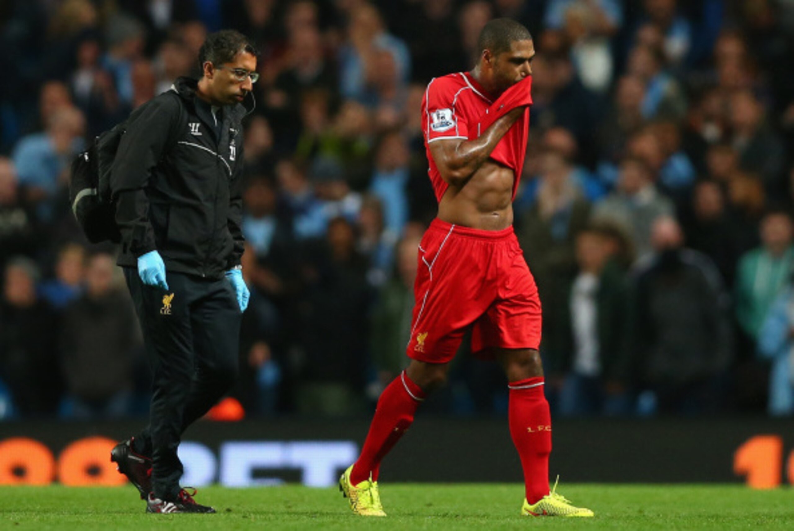 MANCHESTER, ENGLAND - AUGUST 25:   Glen Johnson of Liverpool walks off during the Barclays Premier League match between Manchester City and Liverpool at the Etihad Stadium on August 25, 2014 in Manchester, England.  (Photo by Clive Brunskill/Getty Images)
