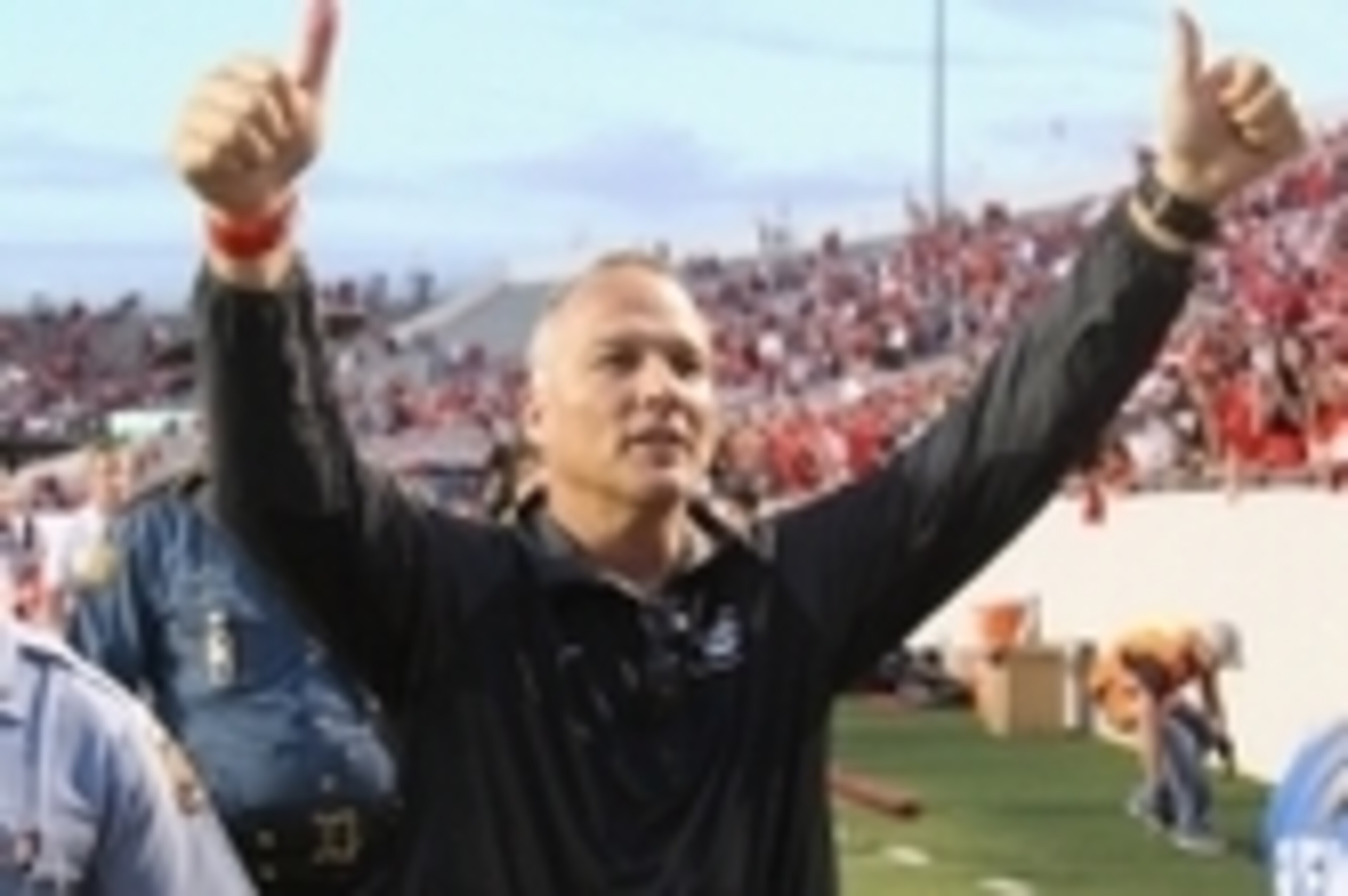 Oct 18, 2014; Little Rock, AR, USA; Georgia Bulldogs head coach Mark Richt motions to the fans after the game against the Arkansas Razorbacks at War Memorial Stadium. Georgia defeated Arkansas 45-32. Mandatory Credit: Nelson Chenault-USA TODAY Sports