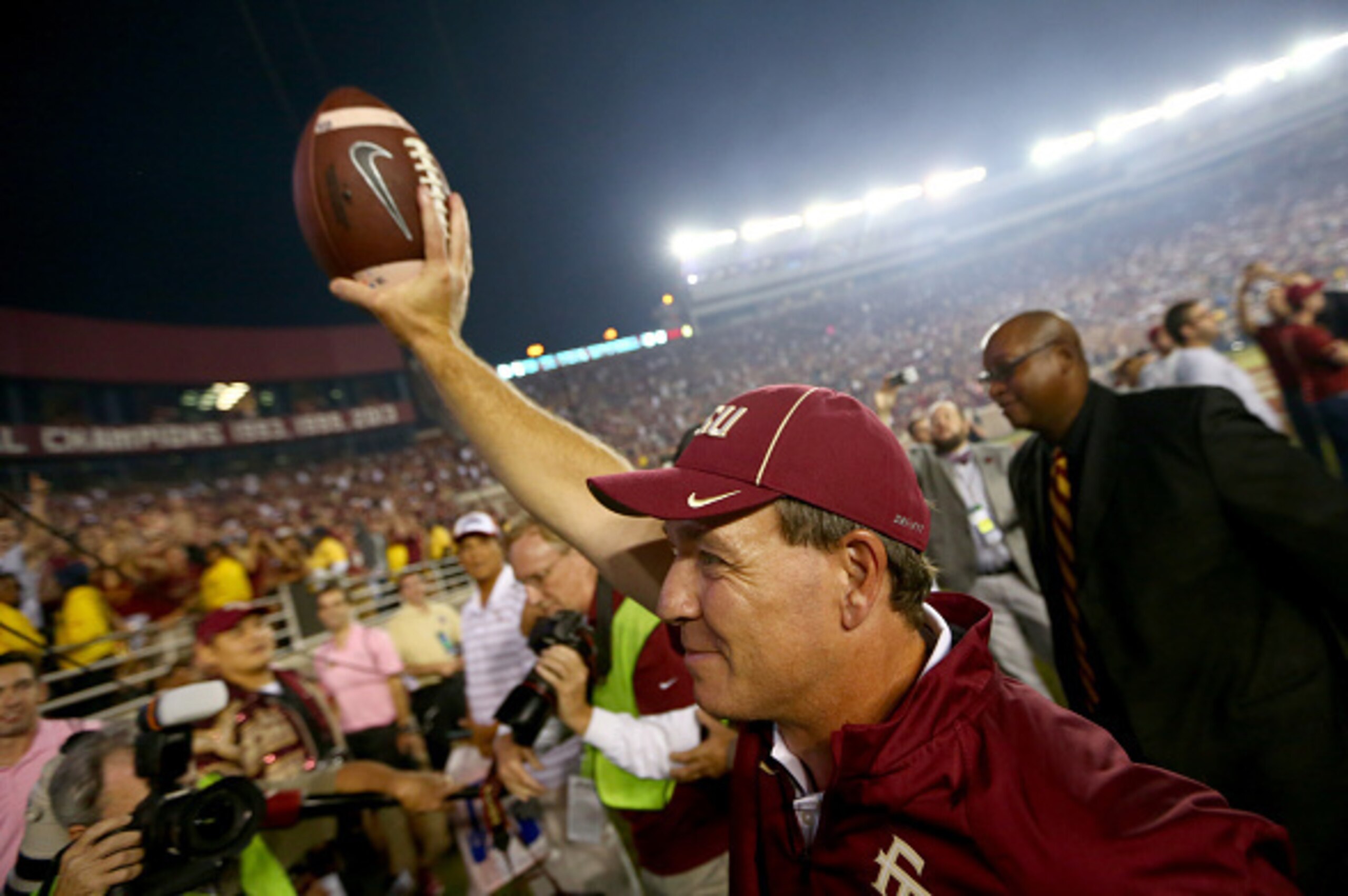 TALLAHASSEE, FL - OCTOBER 18: Head coach Jimbo Fisher of the Florida State Seminoles celebrates after defeating the Notre Dame Fighting Irish 31-27 at Doak Campbell Stadium on October 18, 2014 in Tallahassee, Florida. (Photo by Streeter Lecka/Getty Imag TALLAHASSEE, FL - OCTOBER 18: Head coach Jimbo Fisher of the Florida State Seminoles celebrates after defeating the Notre Dame Fighting Irish 31-27 at Doak Campbell Stadium on October 18, 2014 in Tallahassee, Florida. (Photo by Streeter Lecka/Getty Imag