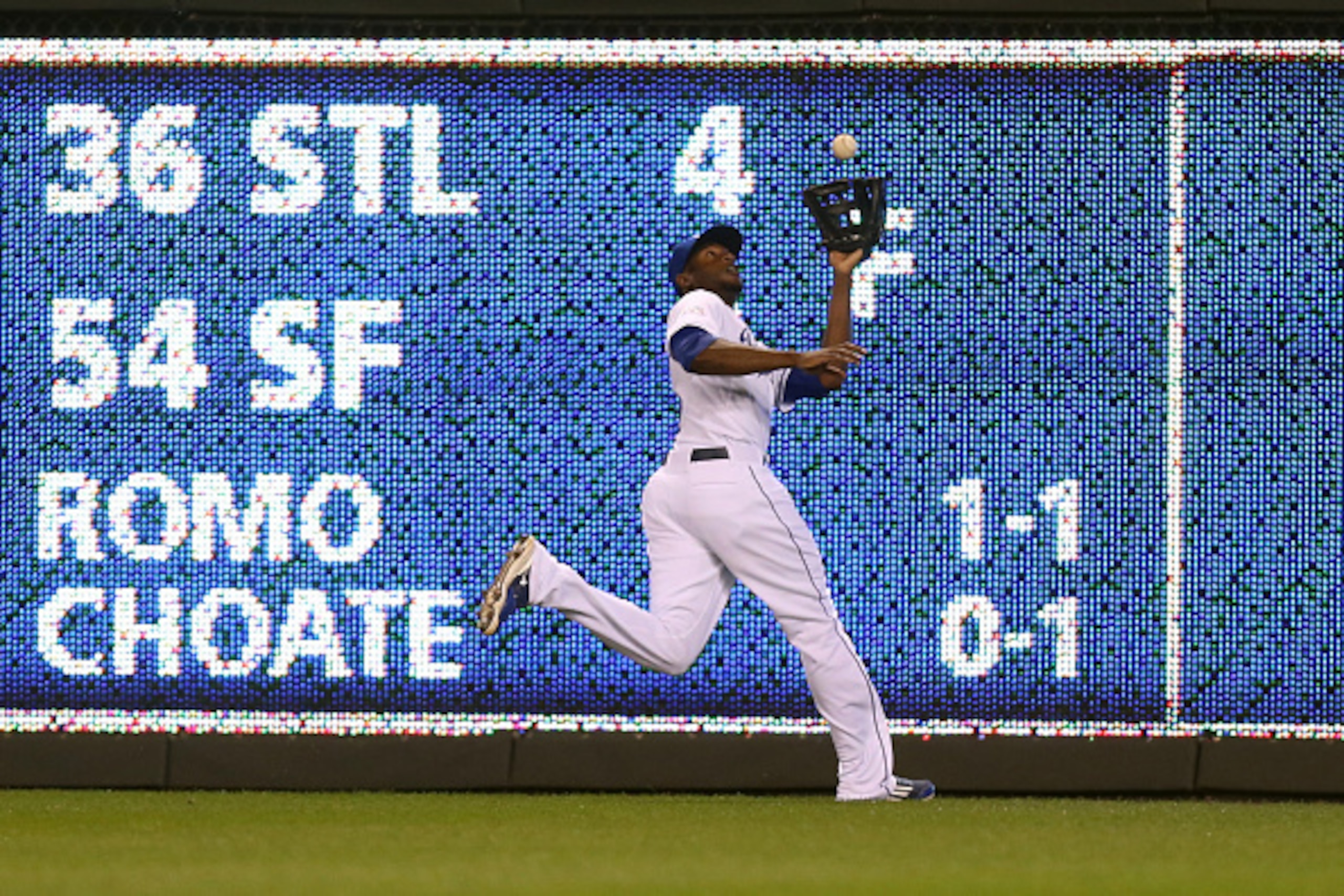 KANSAS CITY, MO - OCTOBER 14: Lorenzo Cain #6 of the Kansas City Royals catchs pop up fly out to center field hit by Nick Hundley #40 of the Baltimore Orioles in the second inning during Game Three of the American League Championship Series at Kauffman S KANSAS CITY, MO - OCTOBER 14: Lorenzo Cain #6 of the Kansas City Royals catchs pop up fly out to center field hit by Nick Hundley #40 of the Baltimore Orioles in the second inning during Game Three of the American League Championship Series at Kauffman S