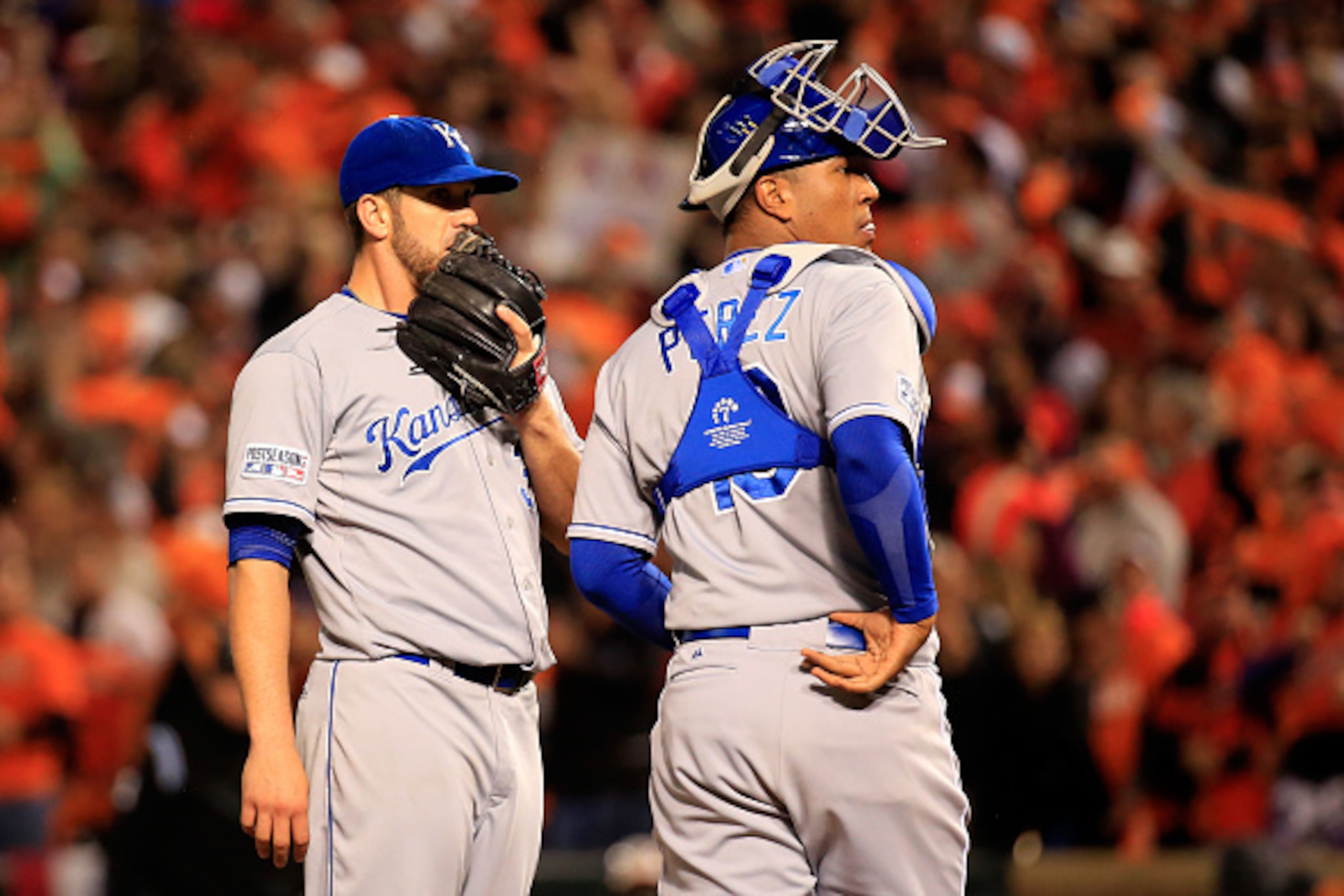BALTIMORE, MD - OCTOBER 10:  James Shields #33 of the Kansas City Royals talks with catcher Salvador Perez #13 of the Kansas City Royals on the mound in the fifth inning against the Baltimore Orioles during Game One of the American League Championship Ser