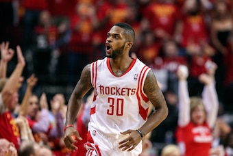 Apr 30, 2014; Houston, TX, USA; Houston Rockets guard Troy Daniels (30) reacts after making a basket during the second quarter against the Portland Trail Blazers in game five of the first round of the 2014 NBA Playoffs at Toyota Center. Mandatory Credit: