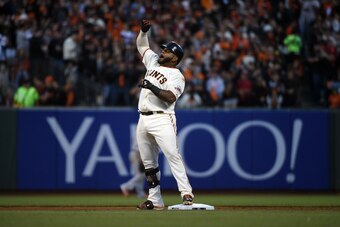 Oct 16, 2014; San Francisco, CA, USA; San Francisco Giants third baseman Pablo Sandoval (48) celebrates after hitting a double against the St. Louis Cardinals during the fourth inning of game five of the 2014 NLCS playoff at AT&T Park. Mandatory Credit: K