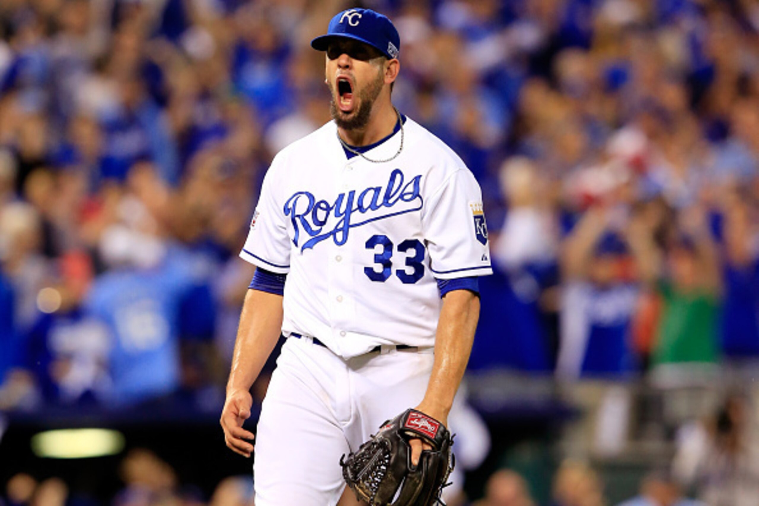 KANSAS CITY, MO - OCTOBER 05: James Shields #33 of the Kansas City Royals reacts after a strikeout to end the top of the sixth inning against the Los Angeles Angels during Game Three of the American League Division Series at Kauffman Stadium on October 5 KANSAS CITY, MO - OCTOBER 05: James Shields #33 of the Kansas City Royals reacts after a strikeout to end the top of the sixth inning against the Los Angeles Angels during Game Three of the American League Division Series at Kauffman Stadium on October 5