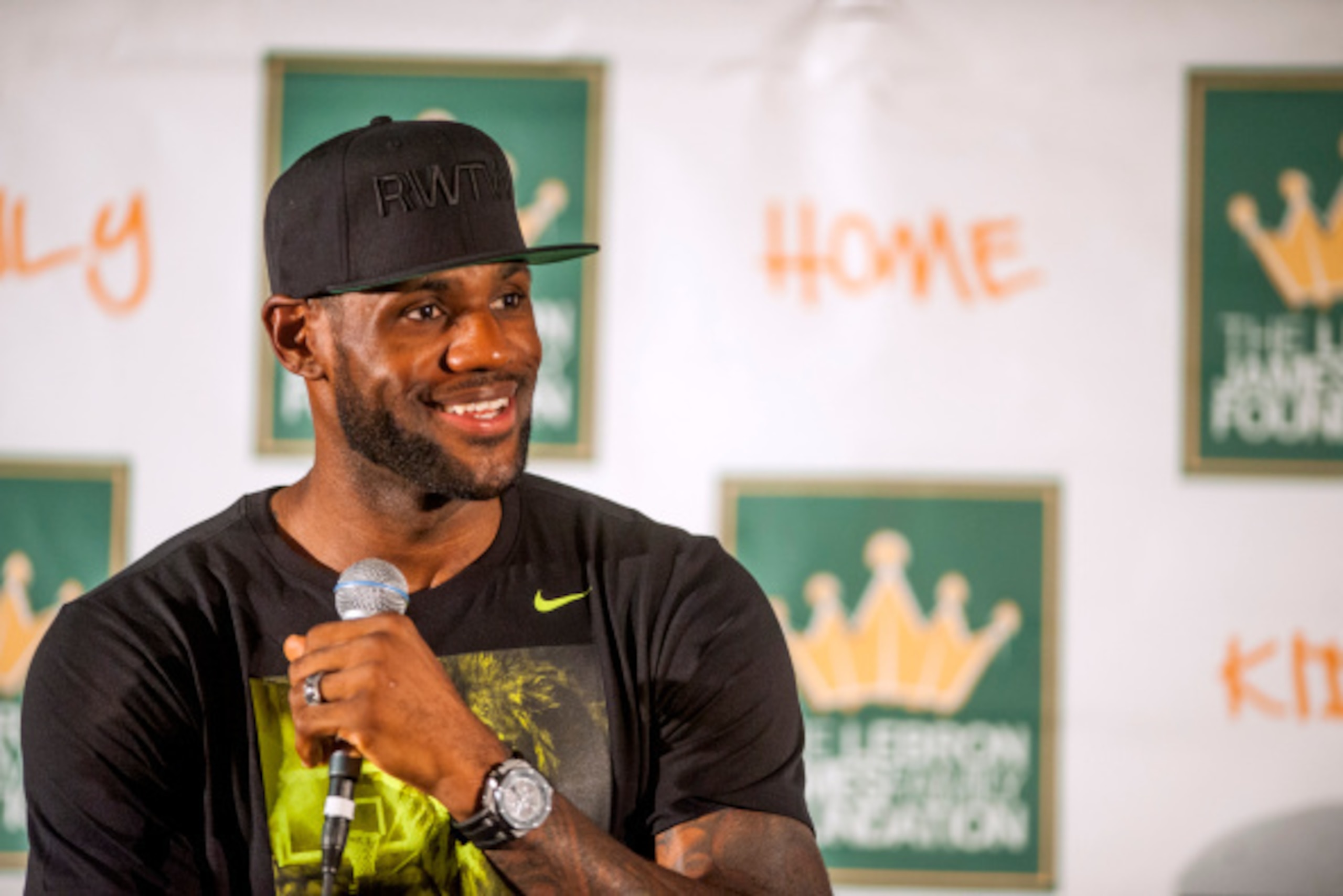 AKRON, OH - AUGUST 08: LeBron James speaks during a press conference at The University of Akron before the kickoff of his welcome ceremony at InfoCison Stadium at The University of Akron on August 8, 2014 in Akron, Ohio. (Photo by Ty Wright/Getty Images)