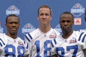 Colts Pro Bowlers Jeff Saturday, Marvin Harrison, Peyton Manning, Reggie Wayne, Tarik Glenn pose during Media Day prior to Super Bowl XLI at Dolphins Stadium in Miami, Florida on January 30, 2007. (Photo by Al Messerschmidt/Getty Images)