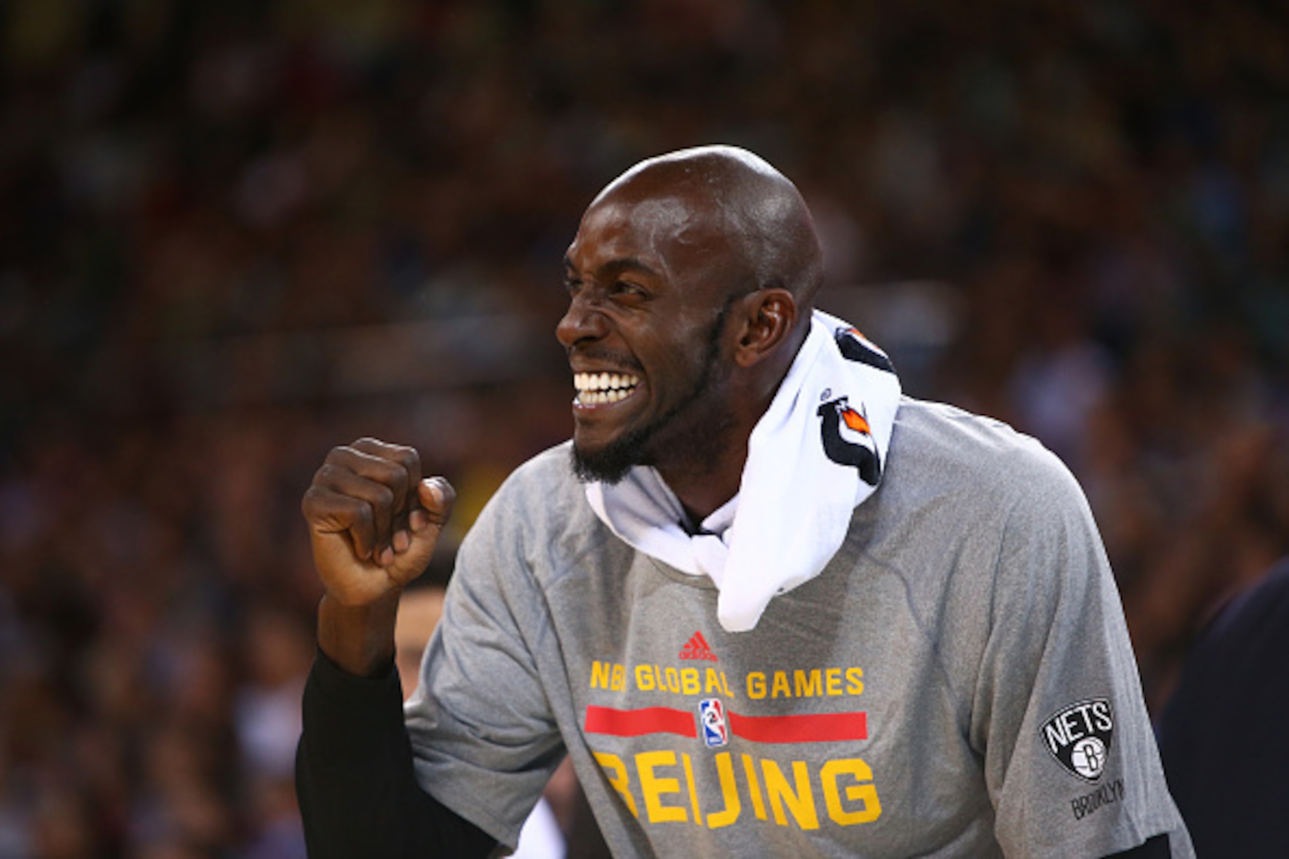 BEIJING, CHINA - OCTOBER 15:  Kevin Garnett #2 of the Brooklyn Nets celebrates during the game against the Sacramento Kings during the 2014 NBA Global Games at the MasterCard Center on October 15, 2014 in Beijing, China. NOTE TO USER: User expressly ackno
