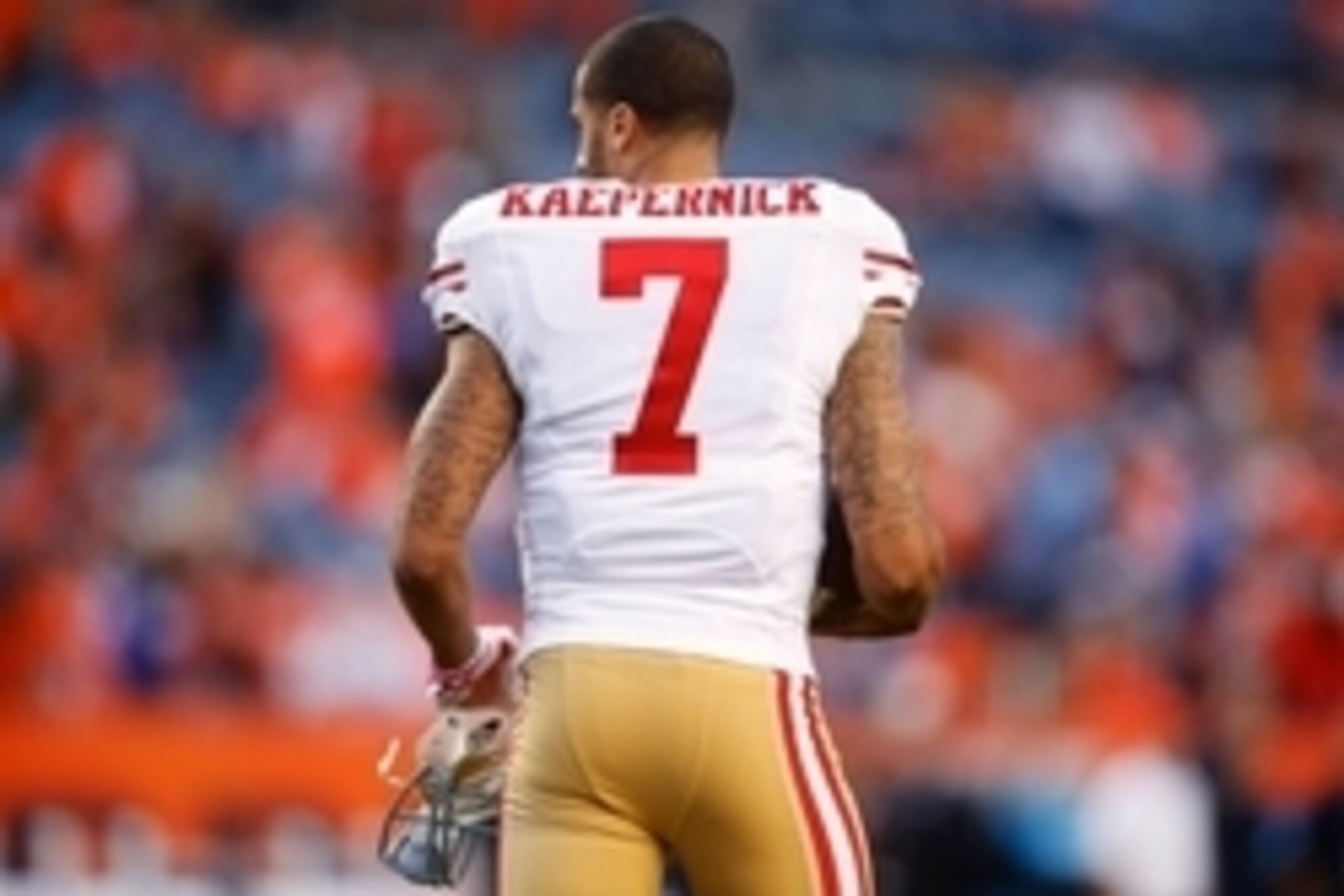 Oct 19, 2014; Denver, CO, USA; San Francisco 49ers quarterback Colin Kaepernick (7) prior to the game against the Denver Broncos at Sports Authority Field at Mile High. Mandatory Credit: Chris Humphreys-USA TODAY Sports