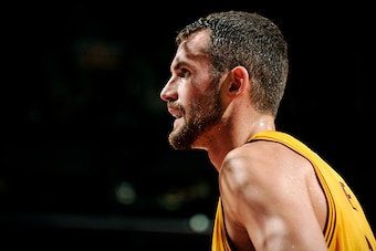 CLEVELAND, OH - OCTOBER 14: Kevin Love #0 of the Cleveland Cavaliers stands on the court during a game against the Milwaukee Bucks at The Quicken Loans Arena on October 14, 2014 in Cleveland, Ohio. NOTE TO USER: User expressly acknowledges and agrees that