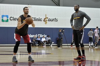 INDEPENDENCE, OH - SEPTEMBER 30: Kevin Love #0 and LeBron James #23 of the Cleveland Cavaliers during a practice at The Cleveland Clinic Courts on September 30, 2014 in Independence, Ohio. NOTE TO USER: User expressly acknowledges and agrees that, by down