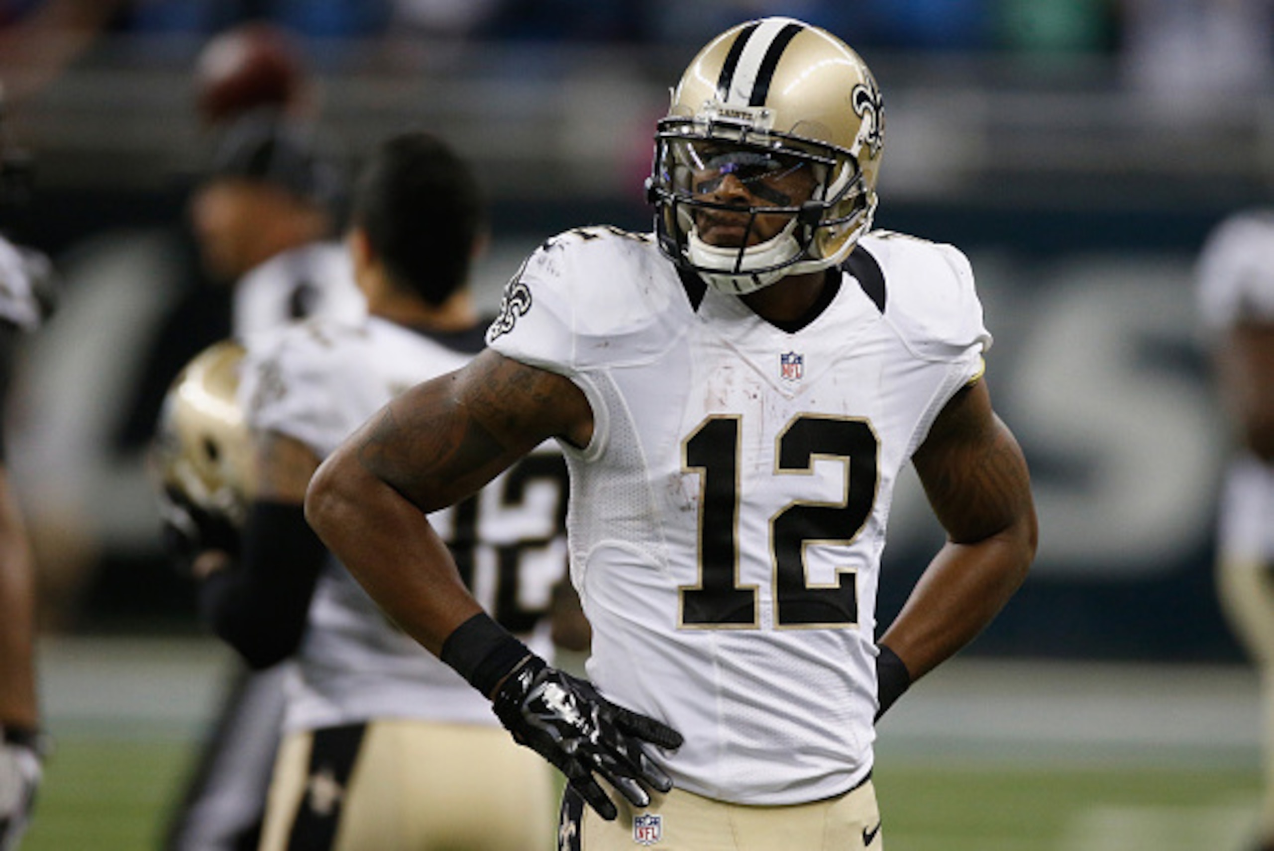 DETROIT, MI - OCTOBER 19: Marques Colston #12 of the New Orleans Saints looks on as time runs out during a 23-24 loss to the Detroit Lions at Ford Field on October 19, 2014 in Detroit, Michigan. (Photo by Greg Shamus/Getty Images)