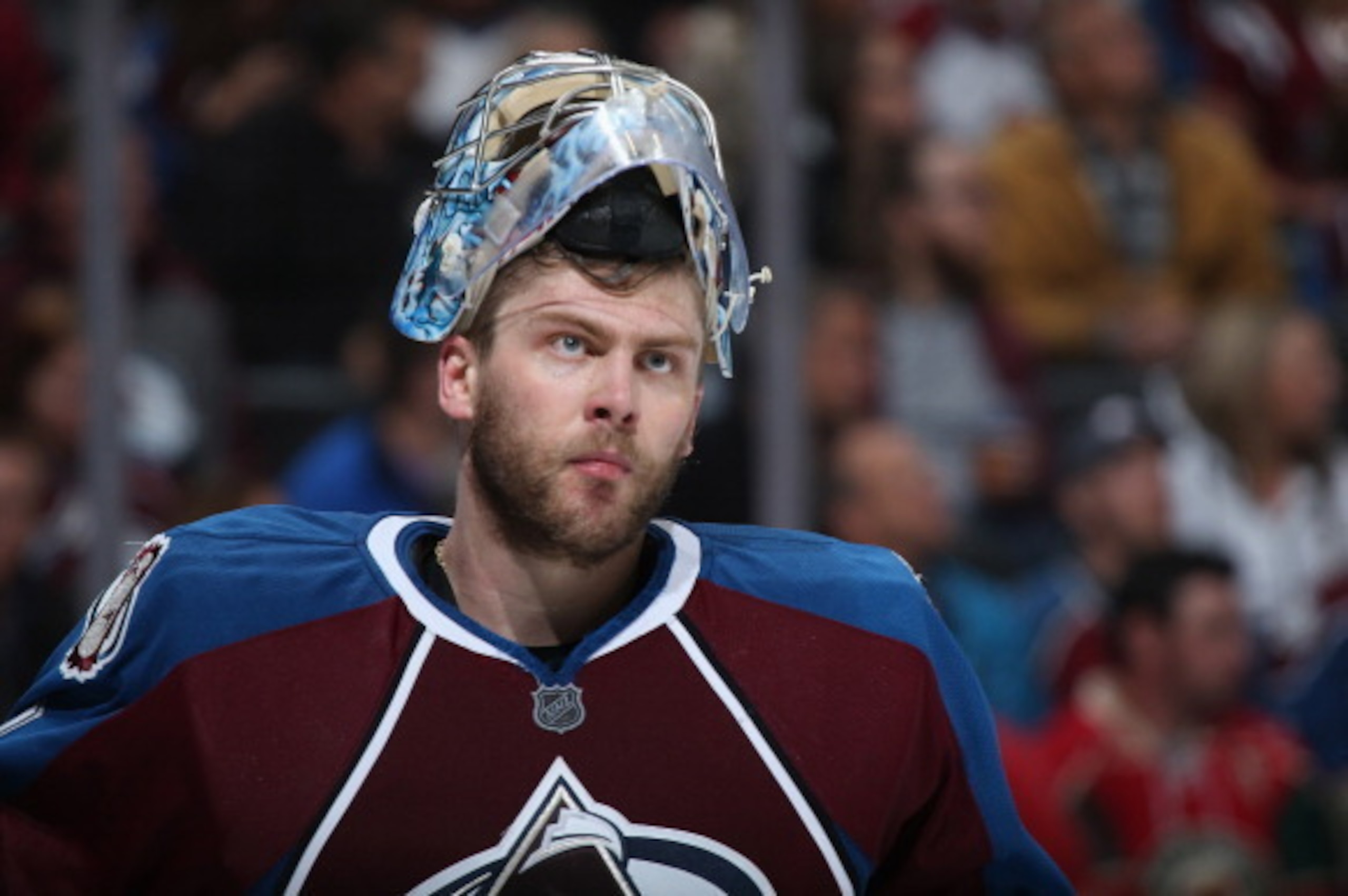 DENVER, CO - APRIL 30:  Goalie Semyon Varlamov #1 of the Colorado Avalanche looks on during a break in the action against the Minnesota Wild in Game Seven of the First Round of the 2014 NHL Stanley Cup Playoffs at Pepsi Center on April 30, 2014 in Denver,