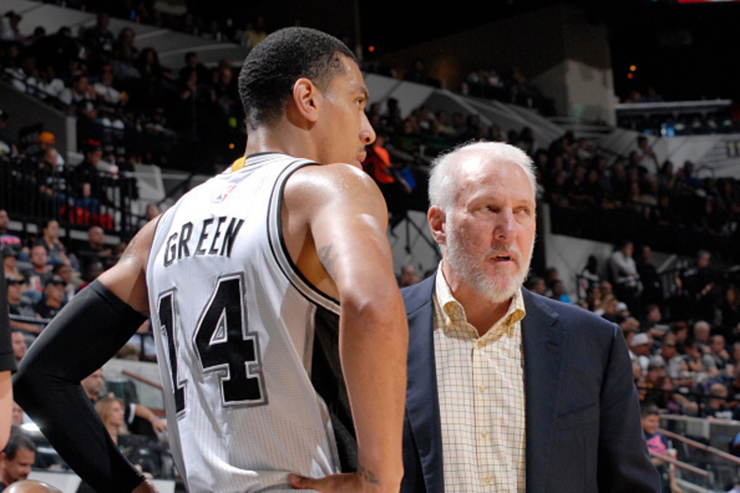 SAN ANTONIO - OCTOBER 18: Danny Green #14 and Gregg Popovich Head Coach of the San Antonio Spurs at the AT&T Center on October 18, 2014 in San Antonio, Texas. NOTE TO USER: User expressly acknowledges and agrees that, by downloading and or using this phot