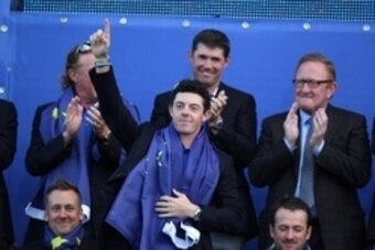Sep 28, 2014; Auchterarder, Perthshire, SCT;  European player Rory McIlroy celebrates after the closing ceremony for the 2014 Ryder Cup at Gleneagles Resort - PGA Centenary Course. Mandatory Credit: Brian Spurlock-USA TODAY Sports