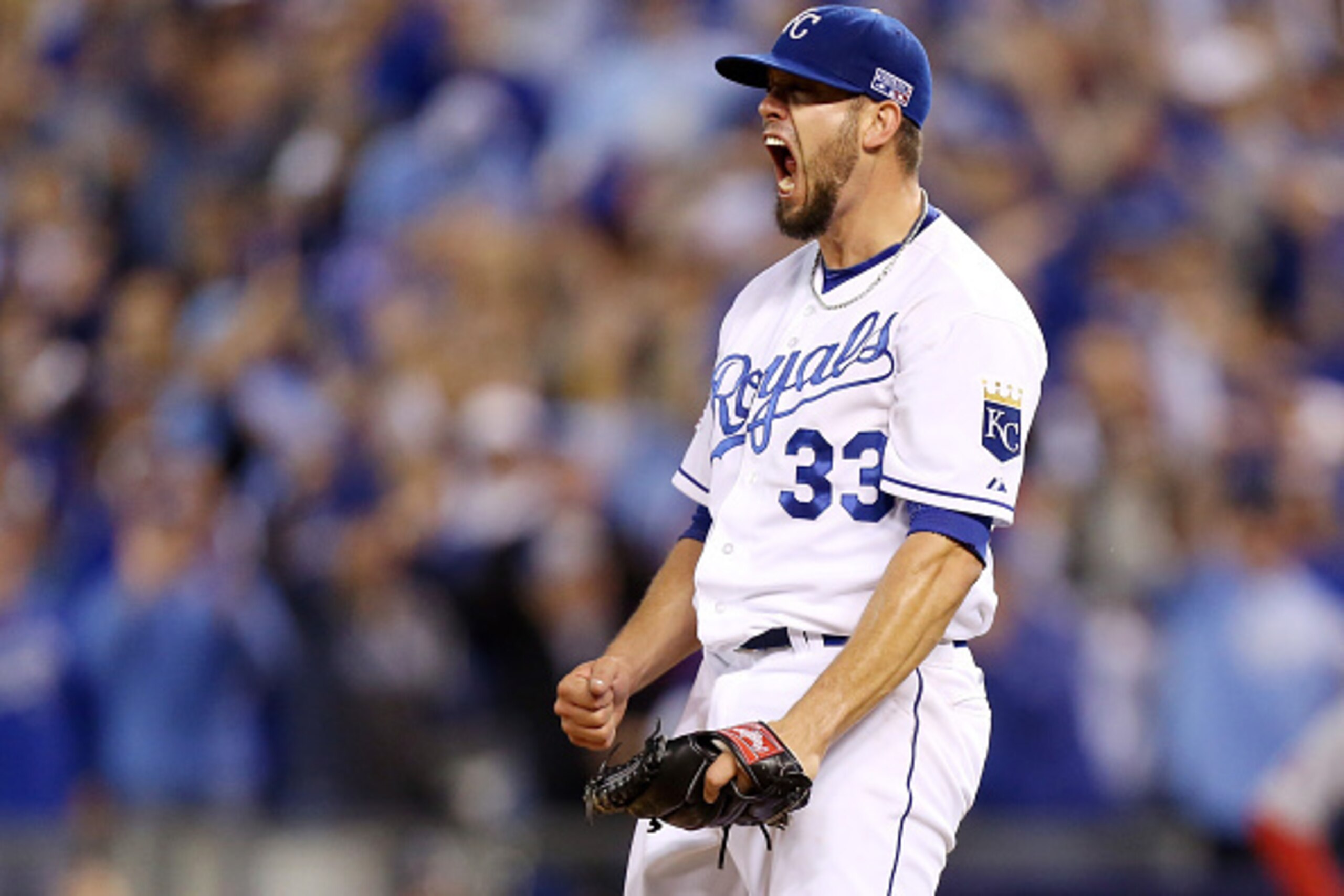 KANSAS CITY, MO - OCTOBER 05:  James Shields #33 of the Kansas City Royals reacts after a strikeout to end the top of the sixth inning against the Los Angeles Angels during Game Three of the American League Division Series at Kauffman Stadium on October 5