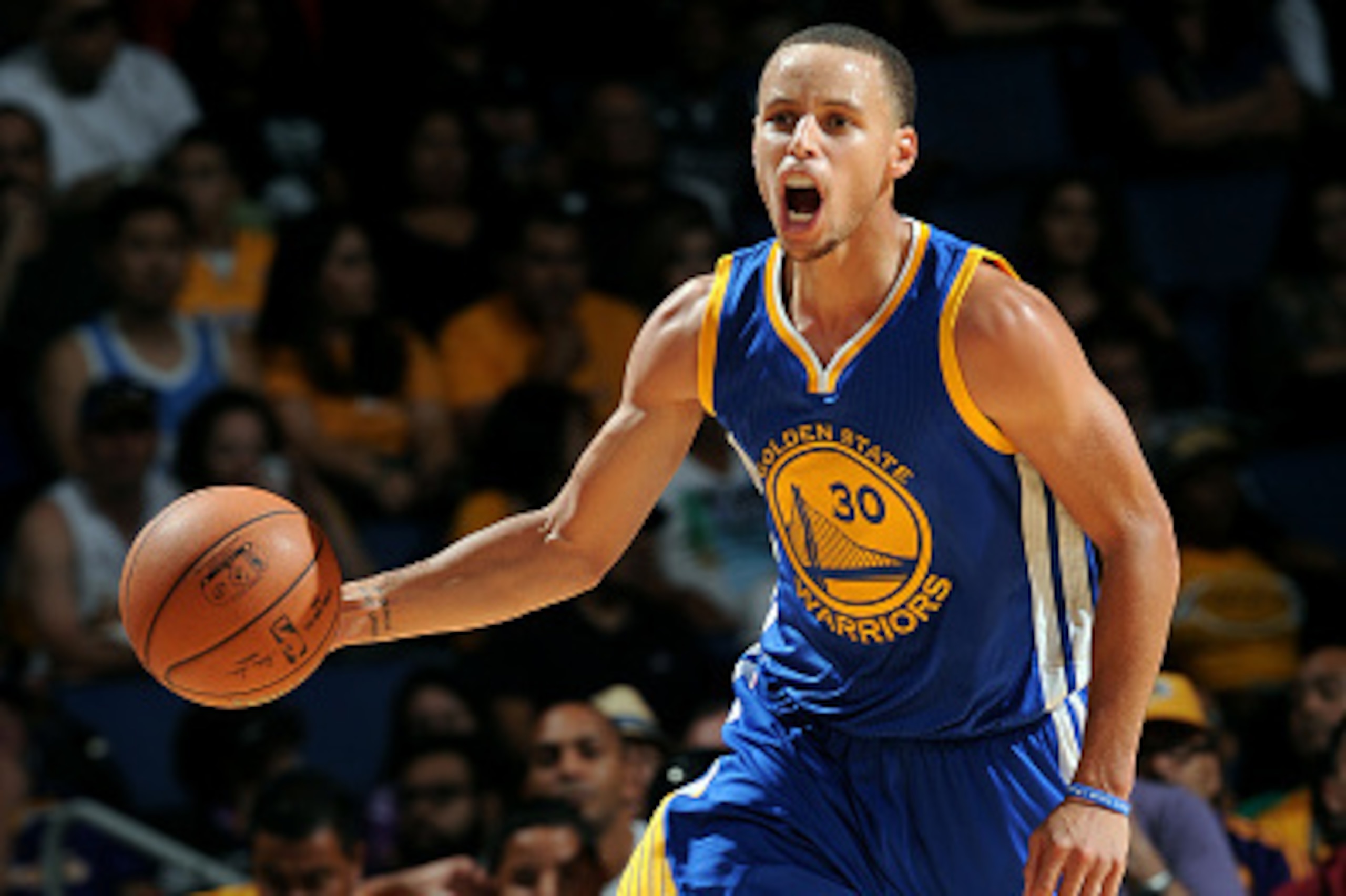 ONTARIO, CA - OCTOBER 12:  Stephen Curry #30 of the Golden State Warriors brings the ball up the court during the game against the Los Angeles Lakers on October 12, 2014 at Citizens Business Bank Arena in Ontario, California. NOTE TO USER: User expressly 
