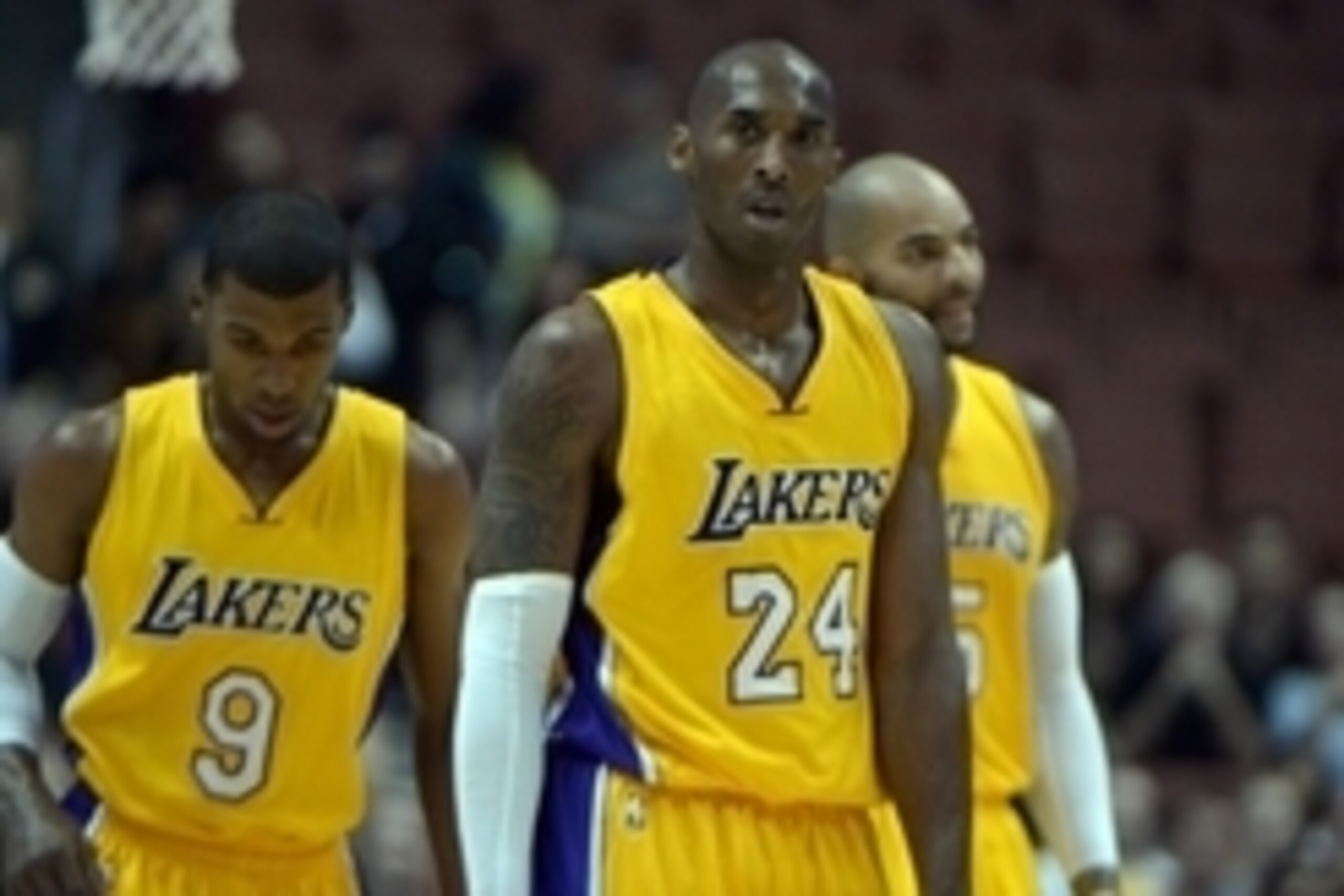 Oct 16, 2014; Anaheim, CA, USA; Los Angeles Lakers guard Kobe Bryant (24) reacts against the Utah Jazz at the Honda Center. Mandatory Credit: Kirby Lee-USA TODAY Sports
